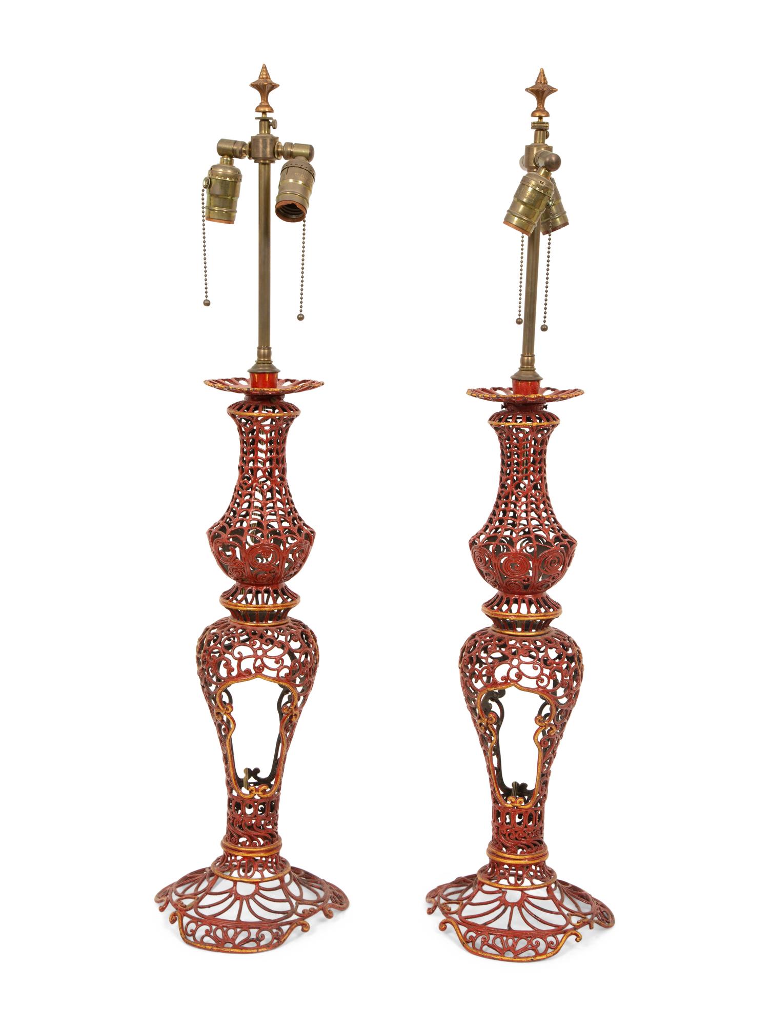A Pair of Chinese Design Red-Painted and Parcel Gilt Reticulated Metal Table Lamps