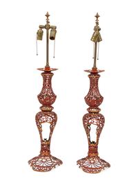 A Pair of Chinese Design Red-Painted and Parcel Gilt Reticulated Metal Table Lamps