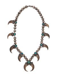 Reversible Navajo Silver, Turquoise, and Claw Squash Blossom Necklace