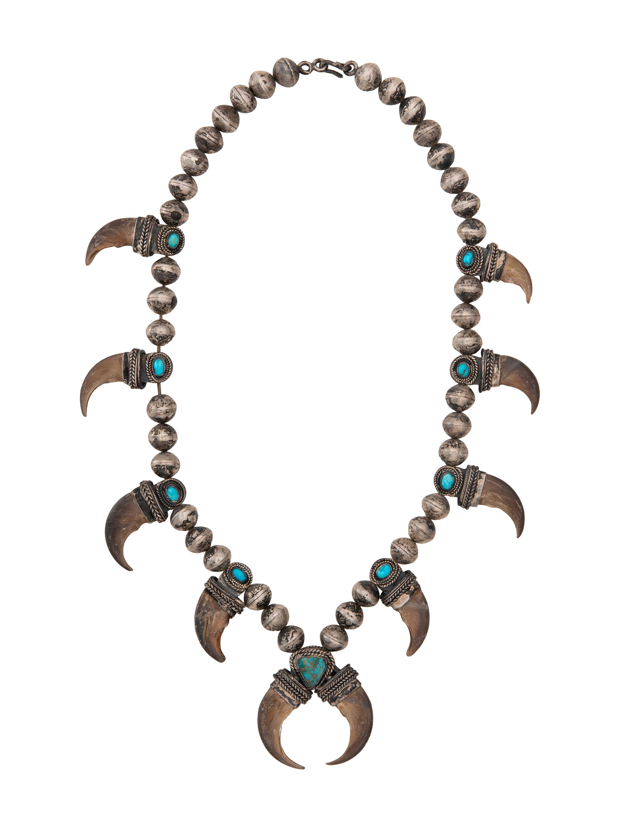 Reversible Navajo Silver, Turquoise, and Claw Squash Blossom Necklace