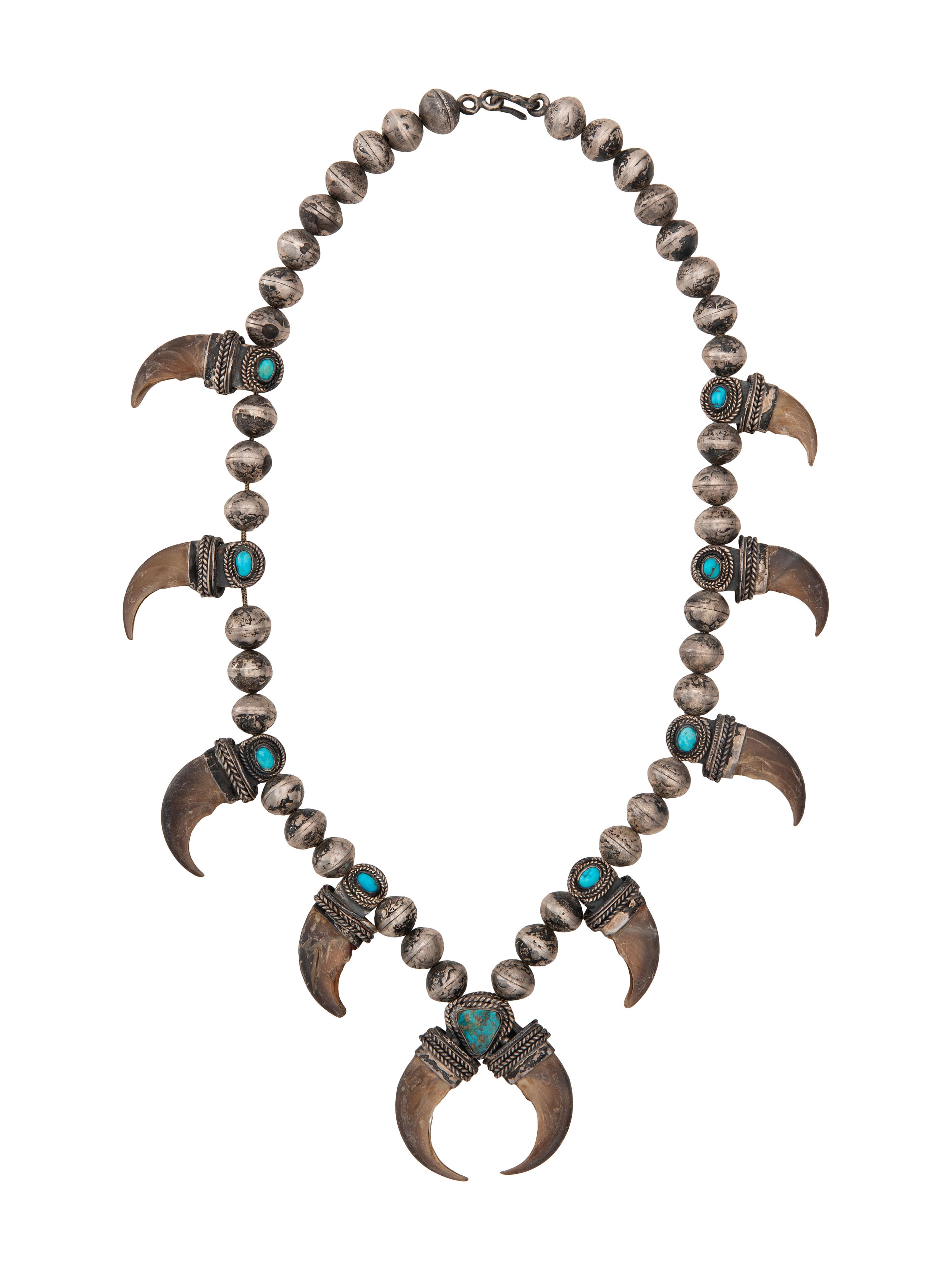 Reversible Navajo Silver, Turquoise, and Claw Squash Blossom Necklace