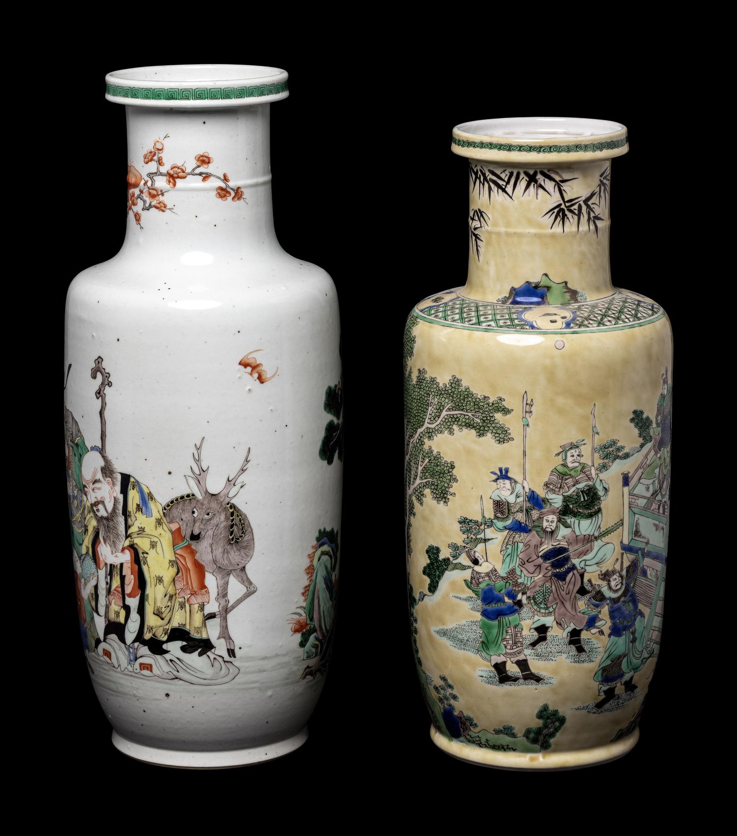 Two Chinese Famille Verte Porcelain Rouleau Vases