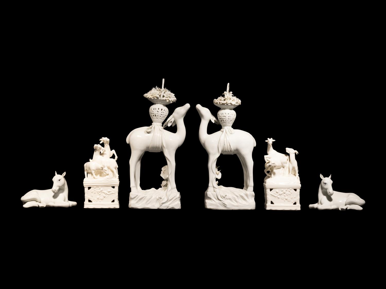 Three Pairs of Chinese Dehua Blanc-de-Chine Porcelain Figures of Animals