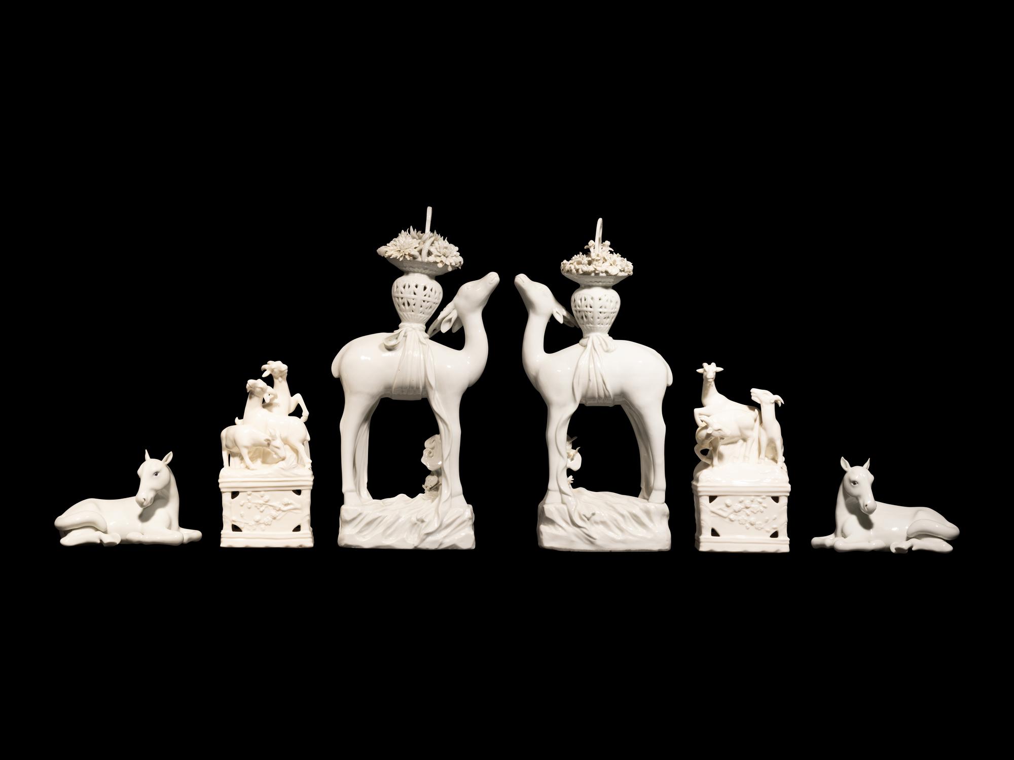 Three Pairs of Chinese Dehua Blanc-de-Chine Porcelain Figures of Animals