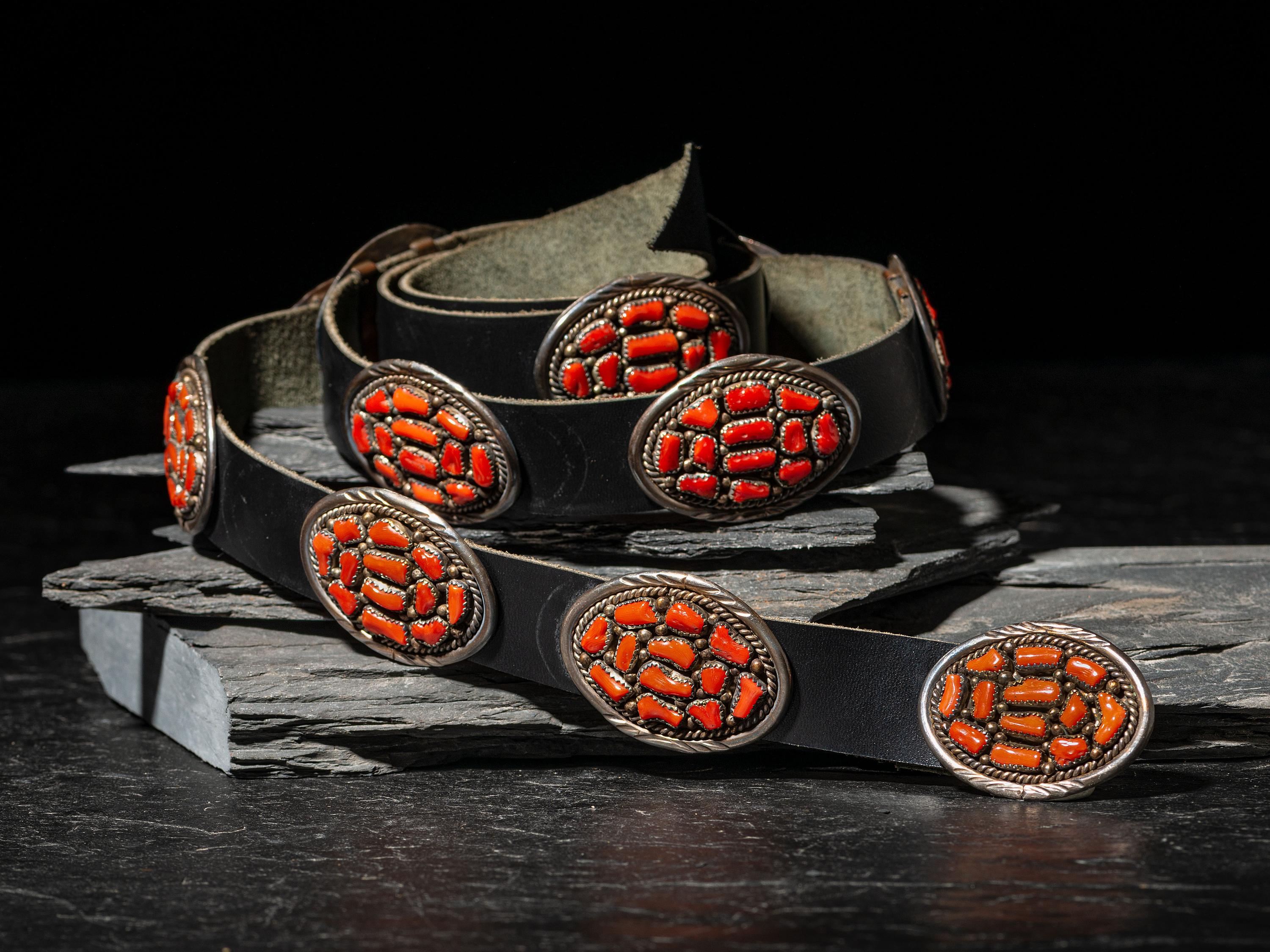 Navajo Sterling Silver and Coral Cluster Concha Belt