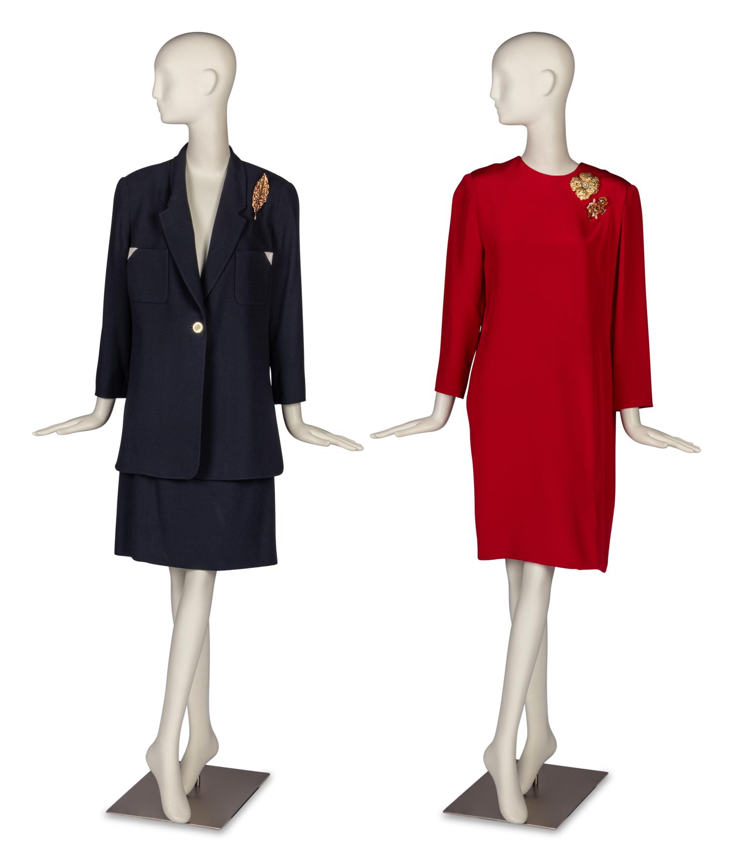 Ildi Marshall Dress and Louis Féraud Suit Accompanied by Three Brooches