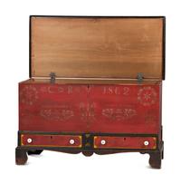 A Soap Hollow Stencil-Decorated and Heart-Carved Poplar Two-Drawer Blanket Chest