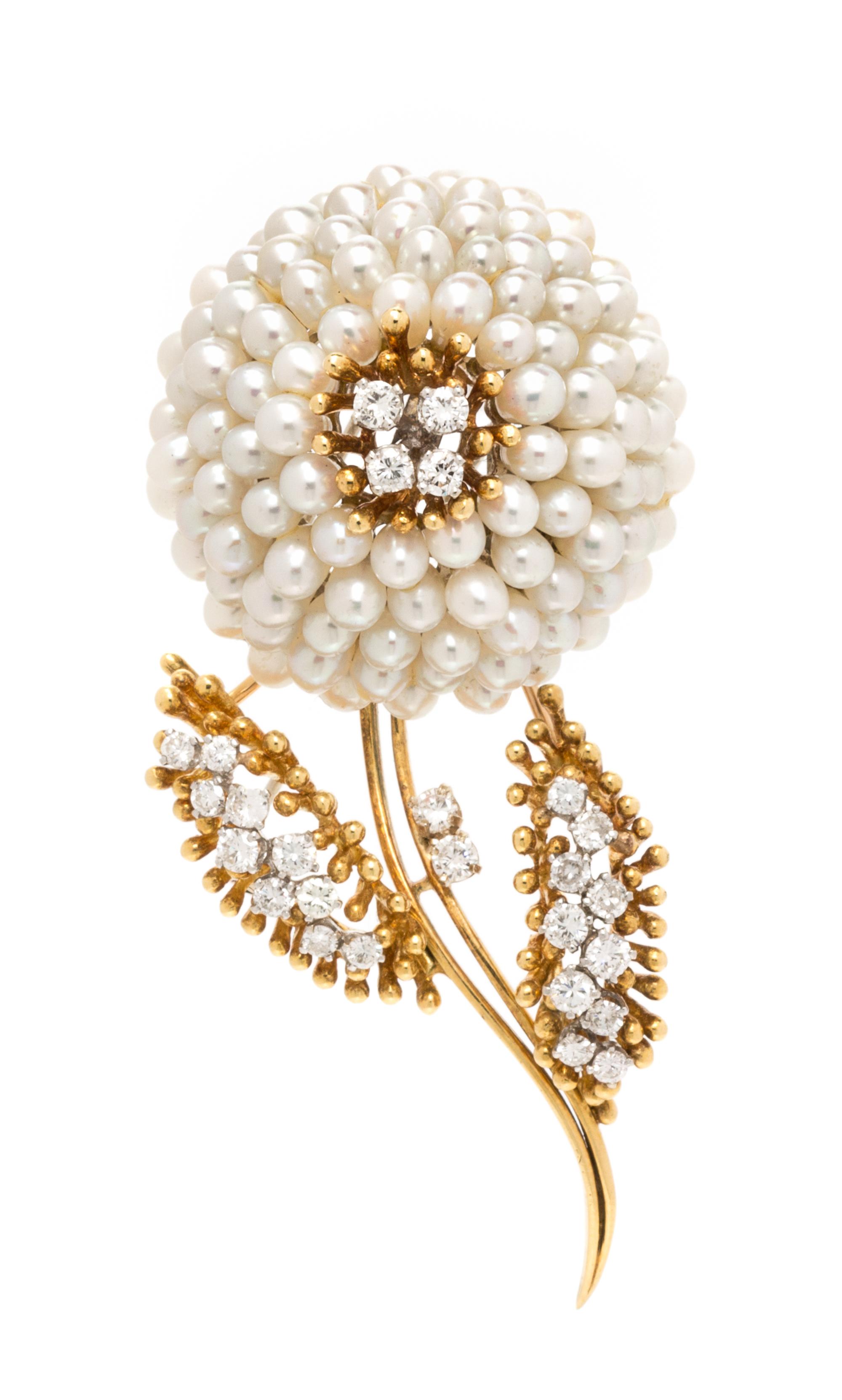 A Bicolor Gold, Cultured Pearl and Diamond Brooch, Kurt Wayne, 27.30 dwts.