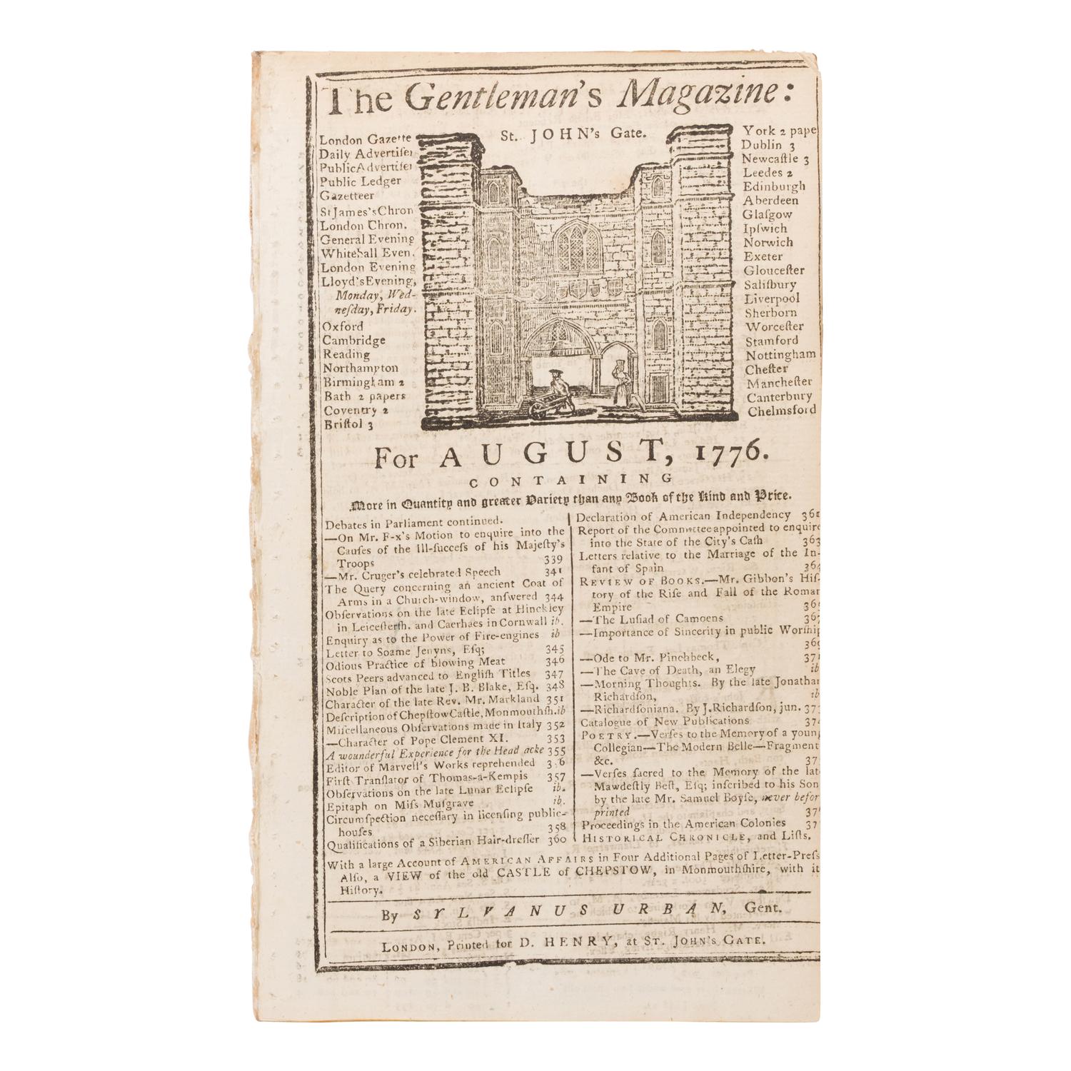 [Declaration of Independence]. The Gentleman's Magazine , and Historical Chronicle . London: Sylvanus Urban for D. Henry, August 1776.