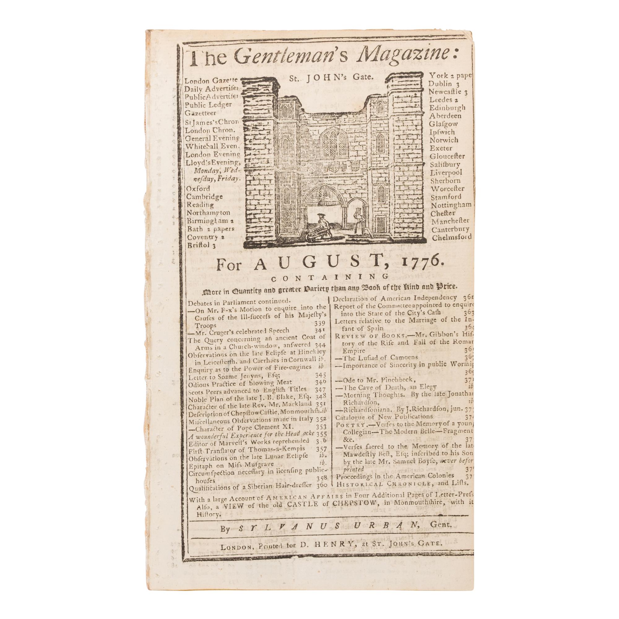 [Declaration of Independence]. The Gentleman's Magazine , and Historical Chronicle . London: Sylvanus Urban for D. Henry, August 1776.