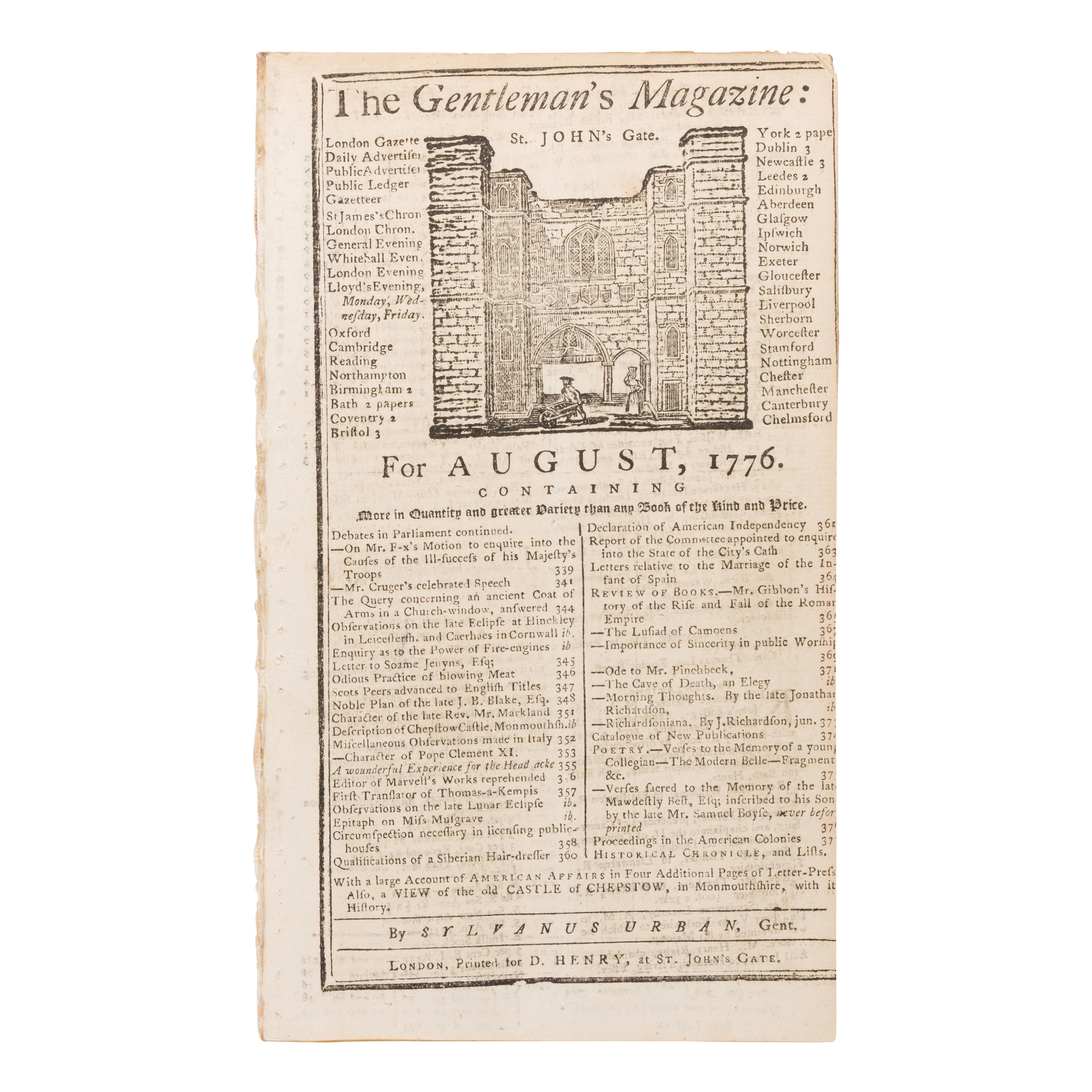 [Declaration of Independence]. The Gentleman's Magazine , and Historical Chronicle . London: Sylvanus Urban for D. Henry, August 1776.