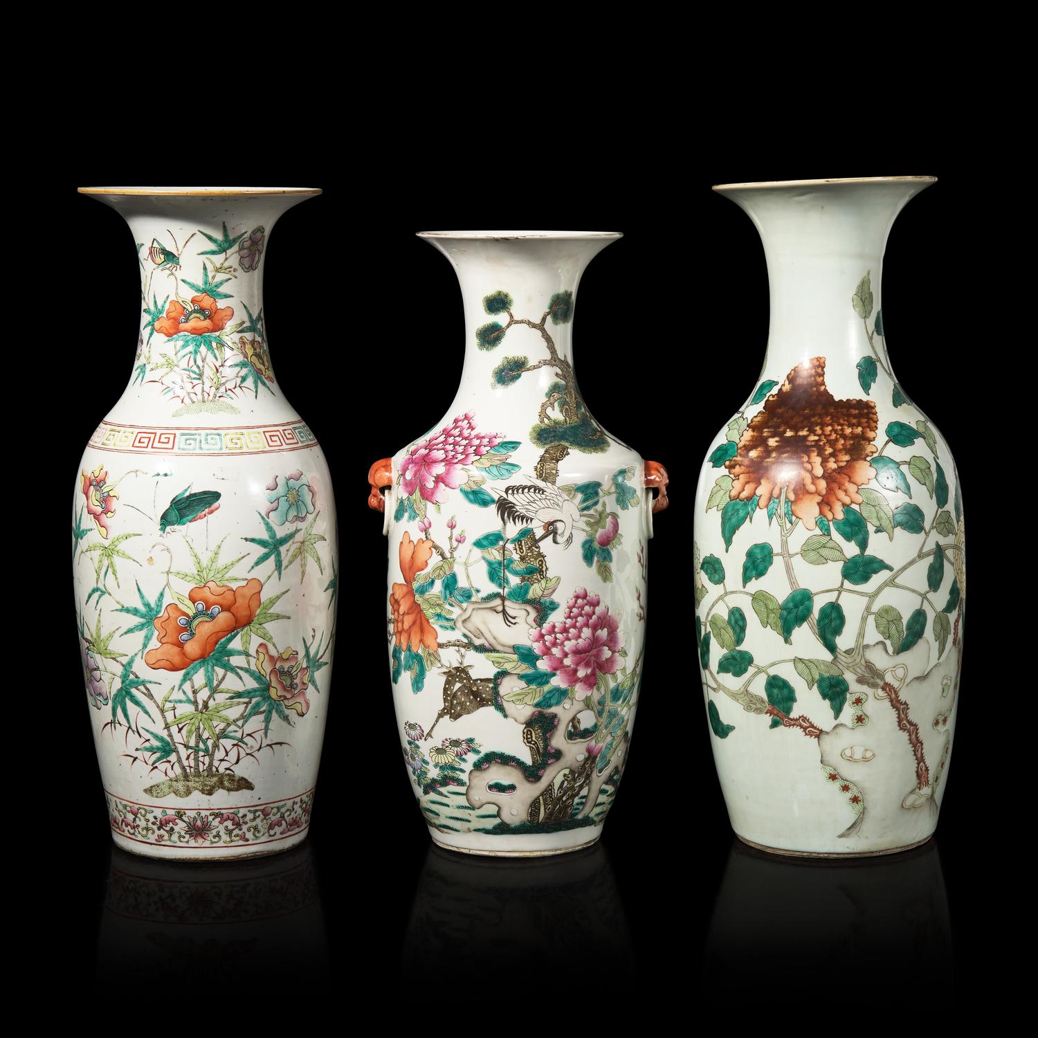 Three Chinese Famille Rose Porcelain 'Butterfly and Flower' Vases 粉彩蝶戀花賞瓶三件