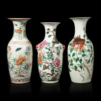 Three Chinese Famille Rose Porcelain 'Butterfly and Flower' Vases 粉彩蝶戀花賞瓶三件