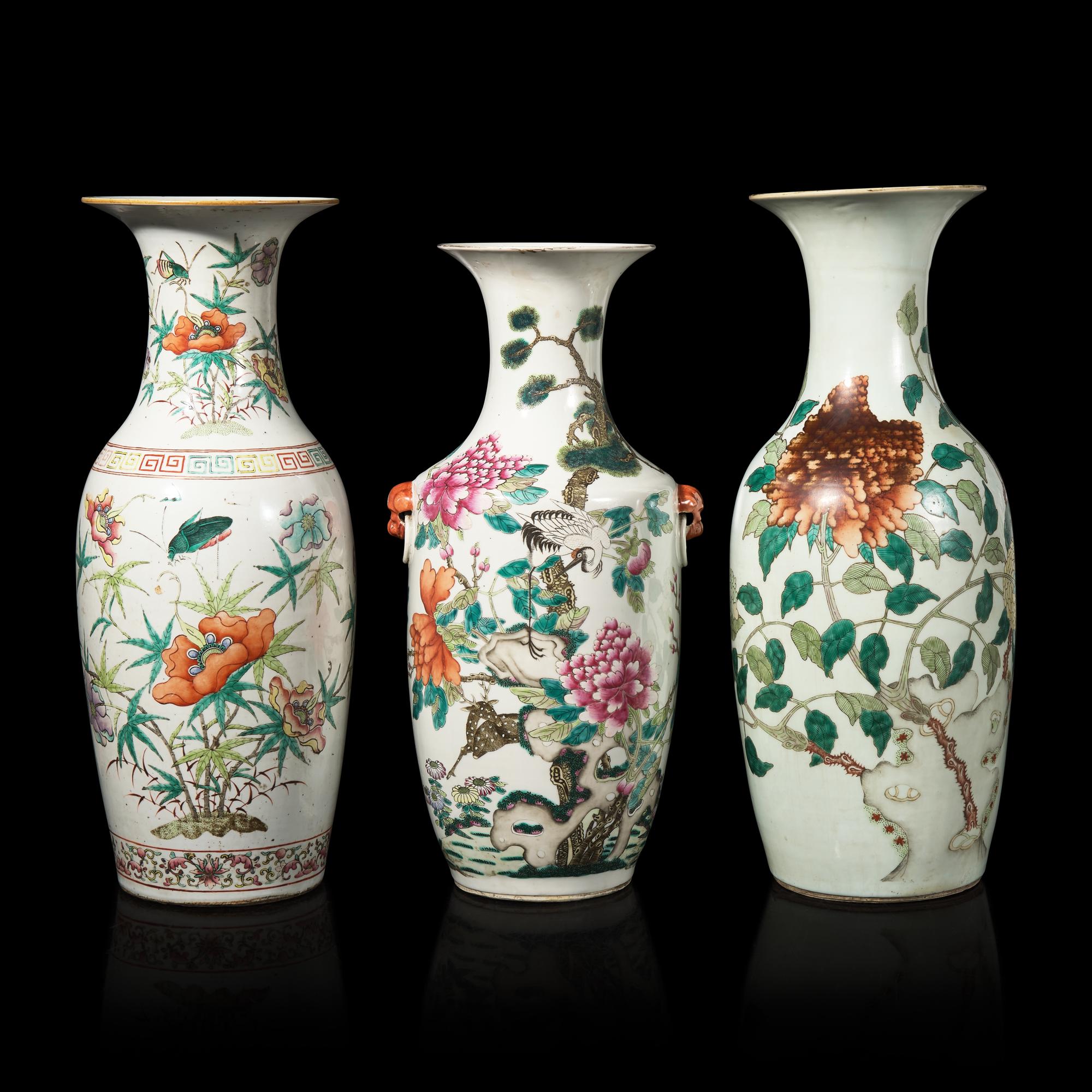 Three Chinese Famille Rose Porcelain 'Butterfly and Flower' Vases 粉彩蝶戀花賞瓶三件