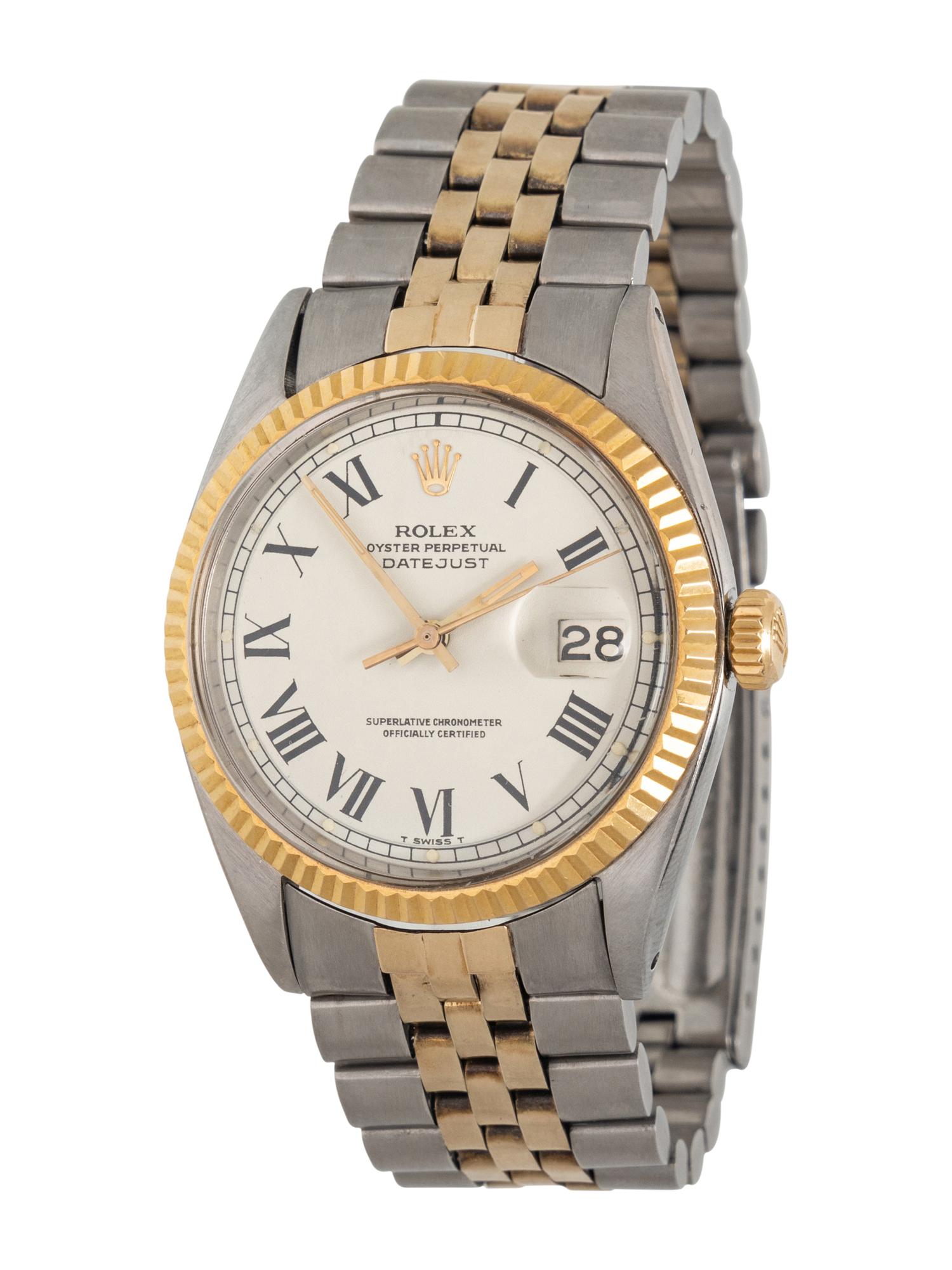 ROLEX, REF. 1603 STAINLESS STEEL AND 18K YELLOW GOLD 'DATEJUST' WATCH WITH 'BUCKLEY' DIAL AND ROLEX 'MADE IN MEXICO' JUBILEE BRACELET