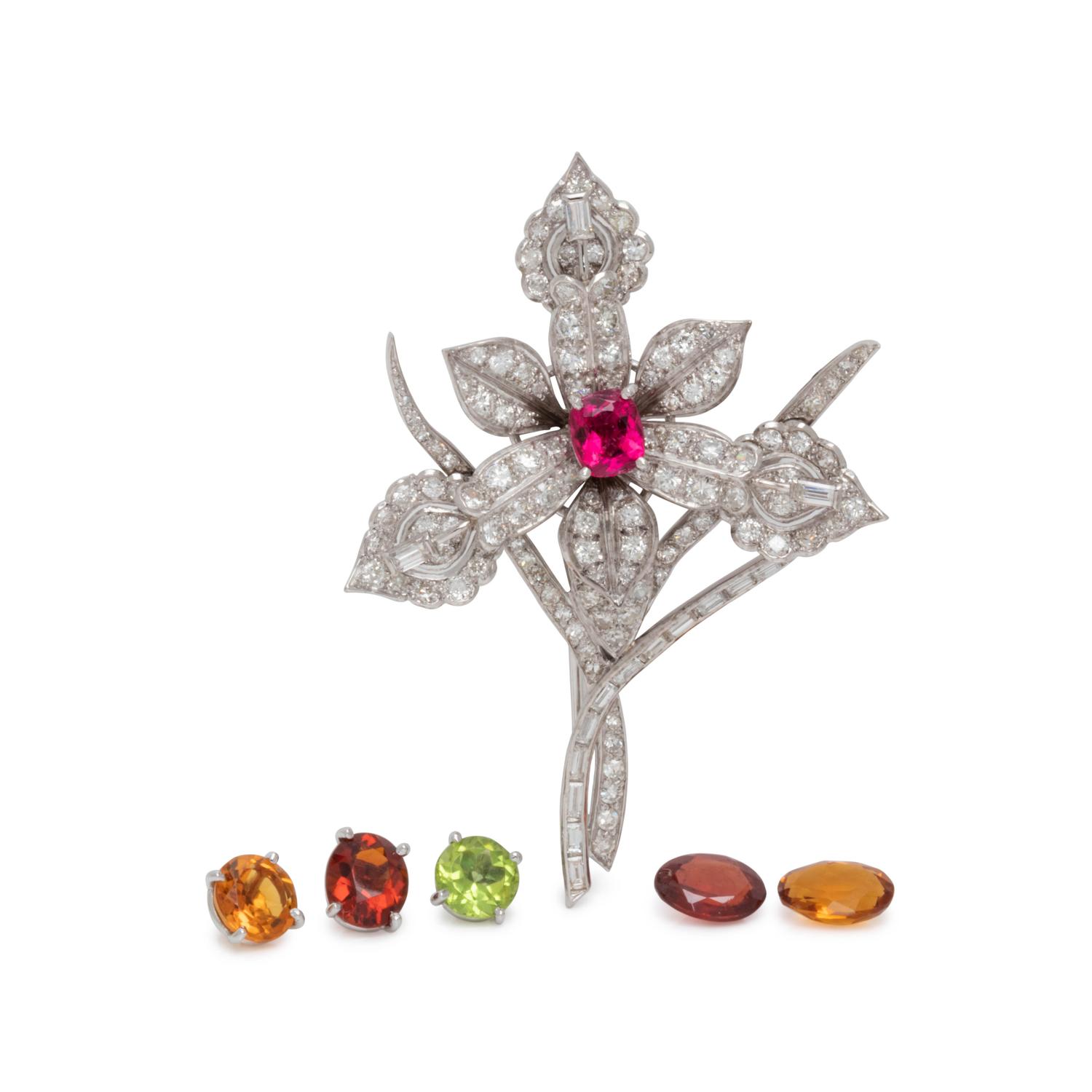 DIAMOND AND MULTIGEM CONVERTIBLE FLOWER BROOCH