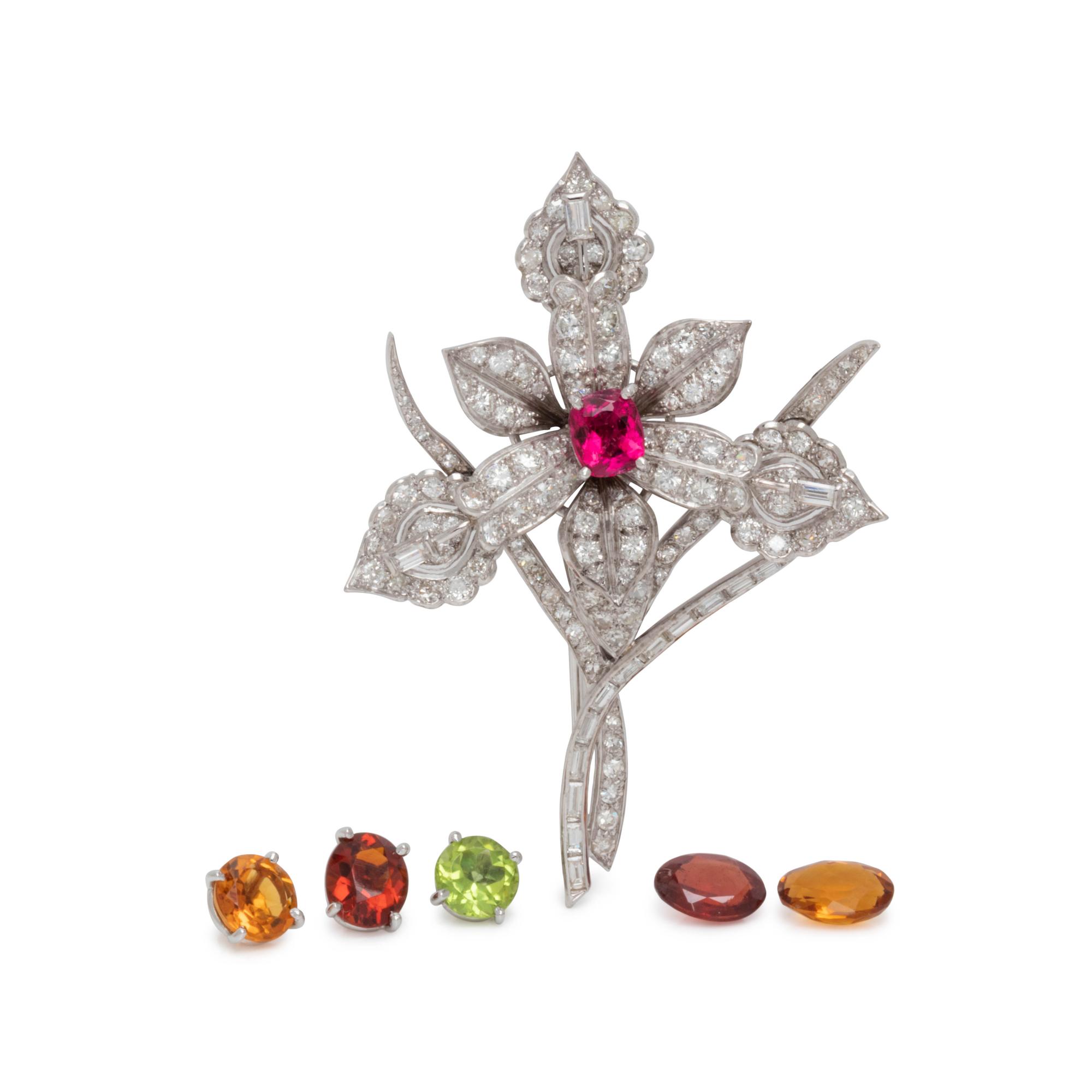 DIAMOND AND MULTIGEM CONVERTIBLE FLOWER BROOCH