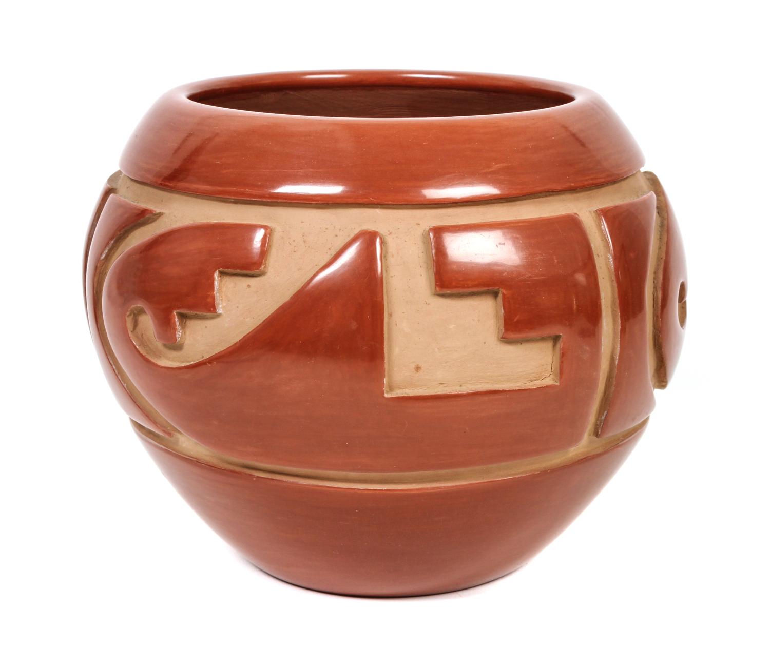 LuAnn Tafoya (Santa Clara, b. 1938) Incised Redware Jar Height 6 1/4 x diameter 7 inches.