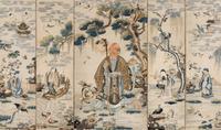 A Chinese Canton Style Embroidered 'Immortals' Five Paneled Screen, 19th Century 清晚期 粵綉祝壽圖五扇屏