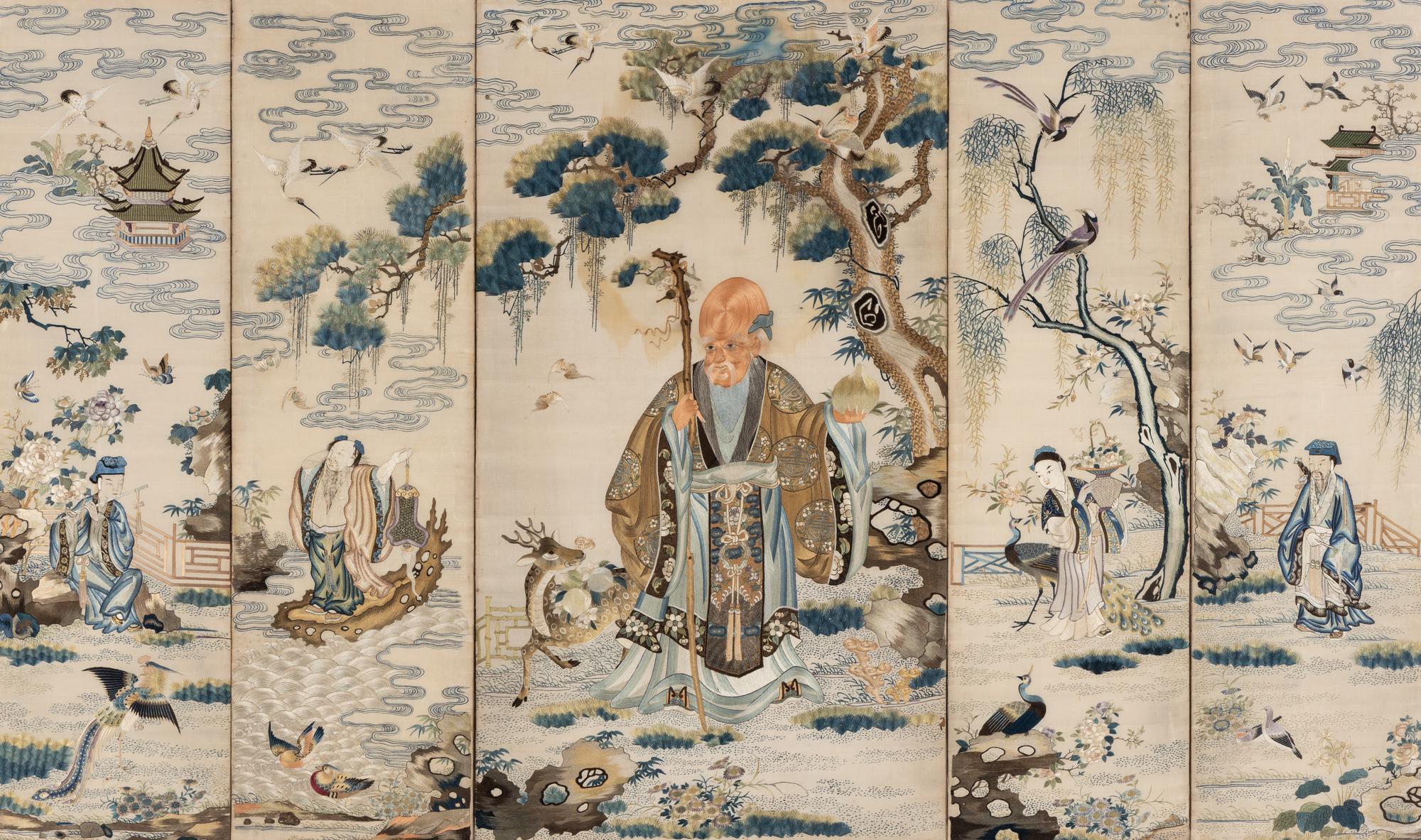 A Chinese Canton Style Embroidered 'Immortals' Five Paneled Screen, 19th Century 清晚期 粵綉祝壽圖五扇屏