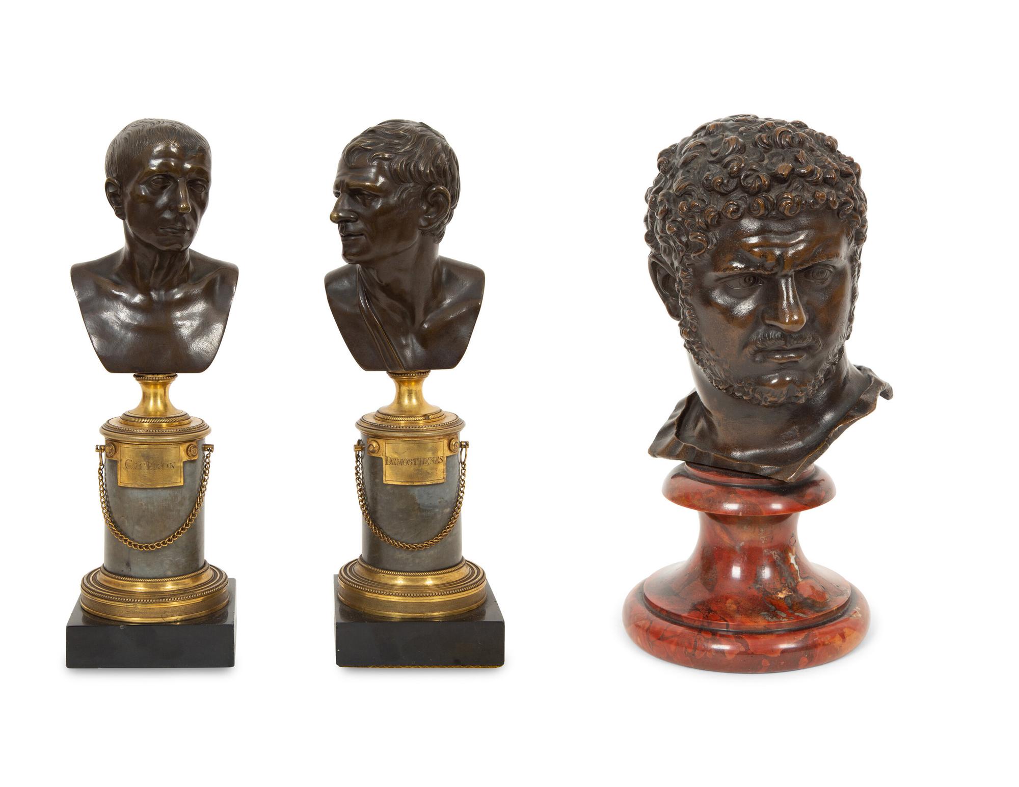 Three French Bronze Busts of Cicero and Demosthenes, and Roman Emperor Caracalla