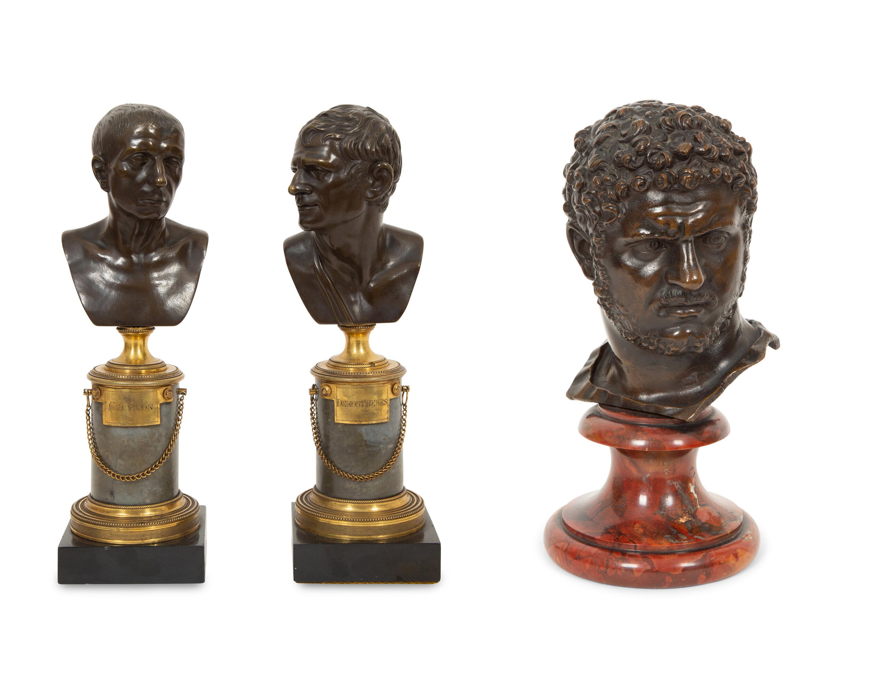 Three French Bronze Busts of Cicero and Demosthenes, and Roman Emperor Caracalla