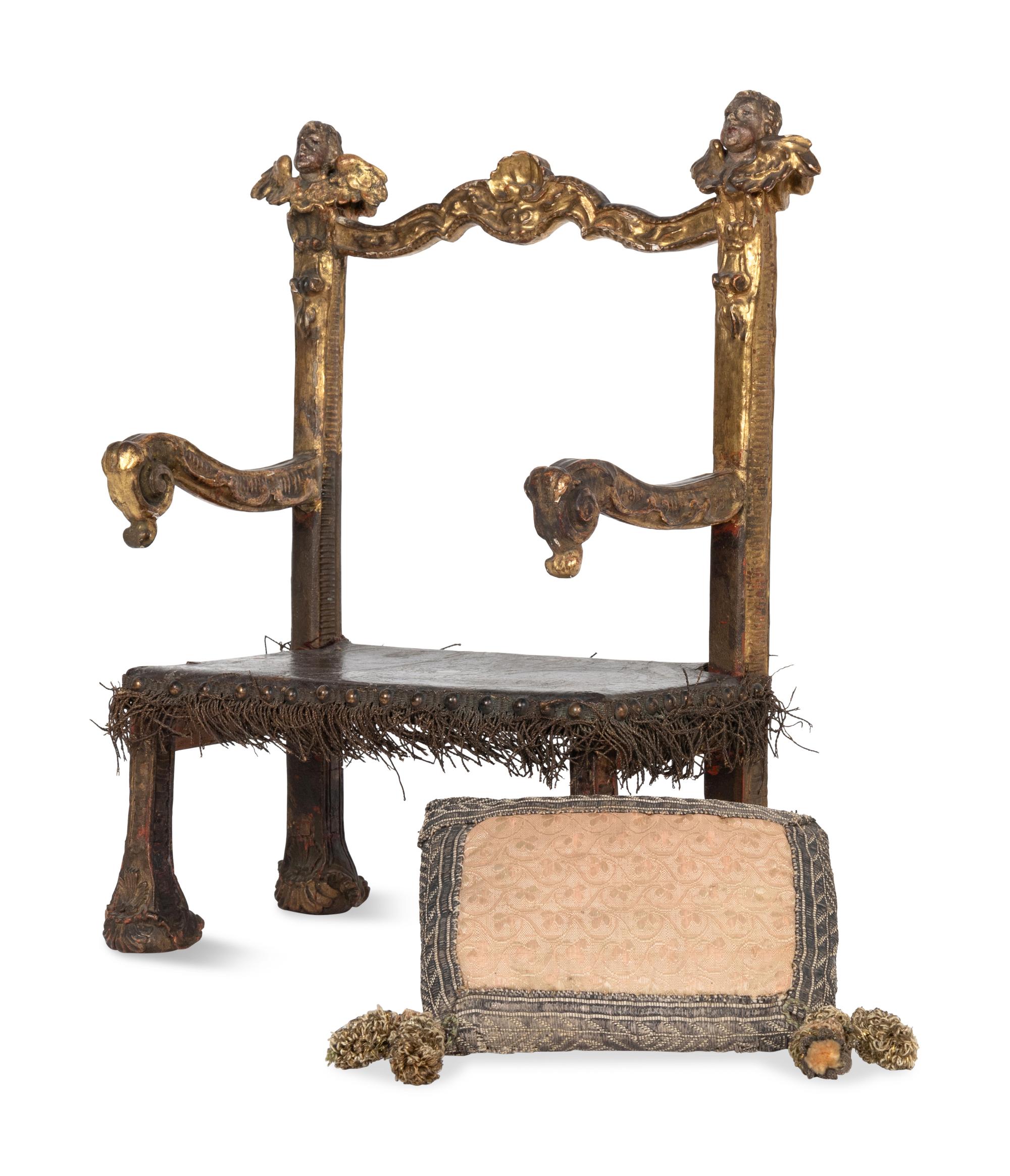 An Italian or Spanish Painted and Parcel Gilt Diminutive Chair