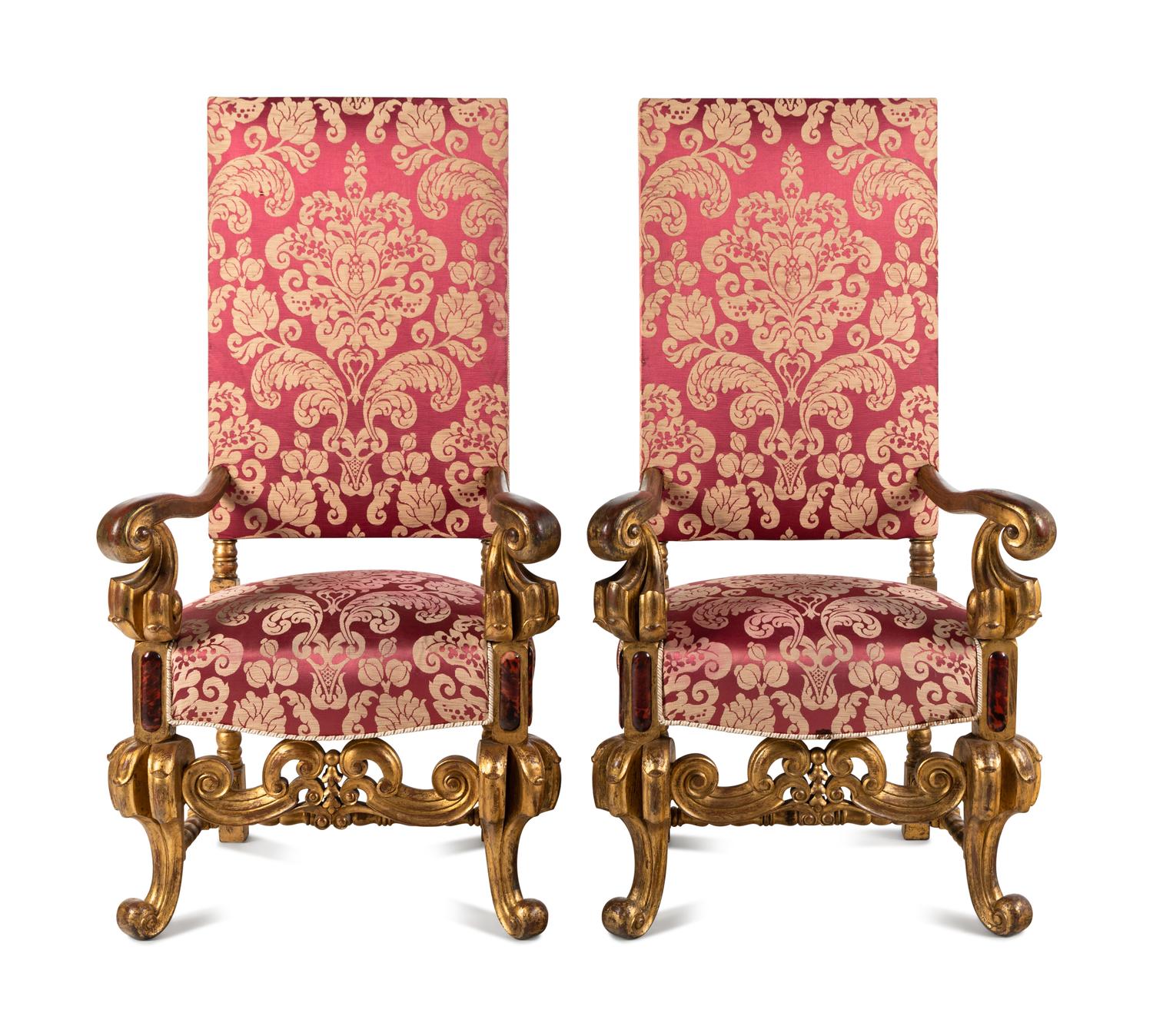 A Pair of Louis XIV Style Parcel Gilt Fauteuils