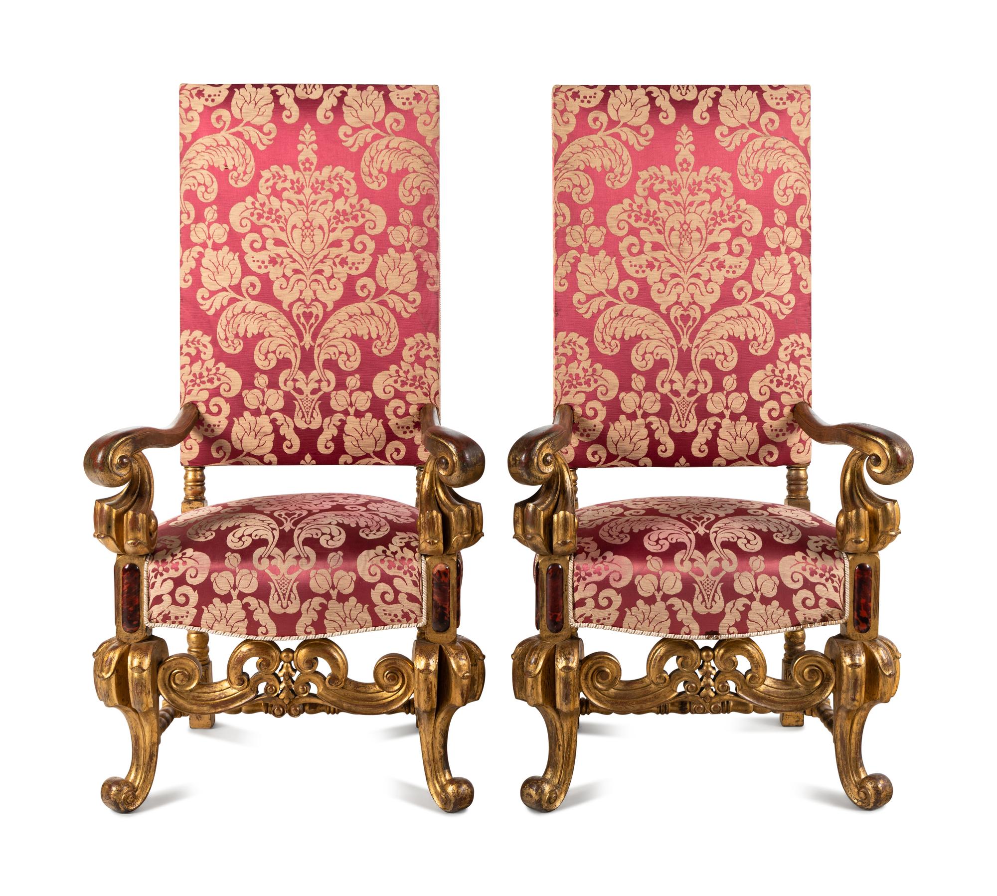 A Pair of Louis XIV Style Parcel Gilt Fauteuils