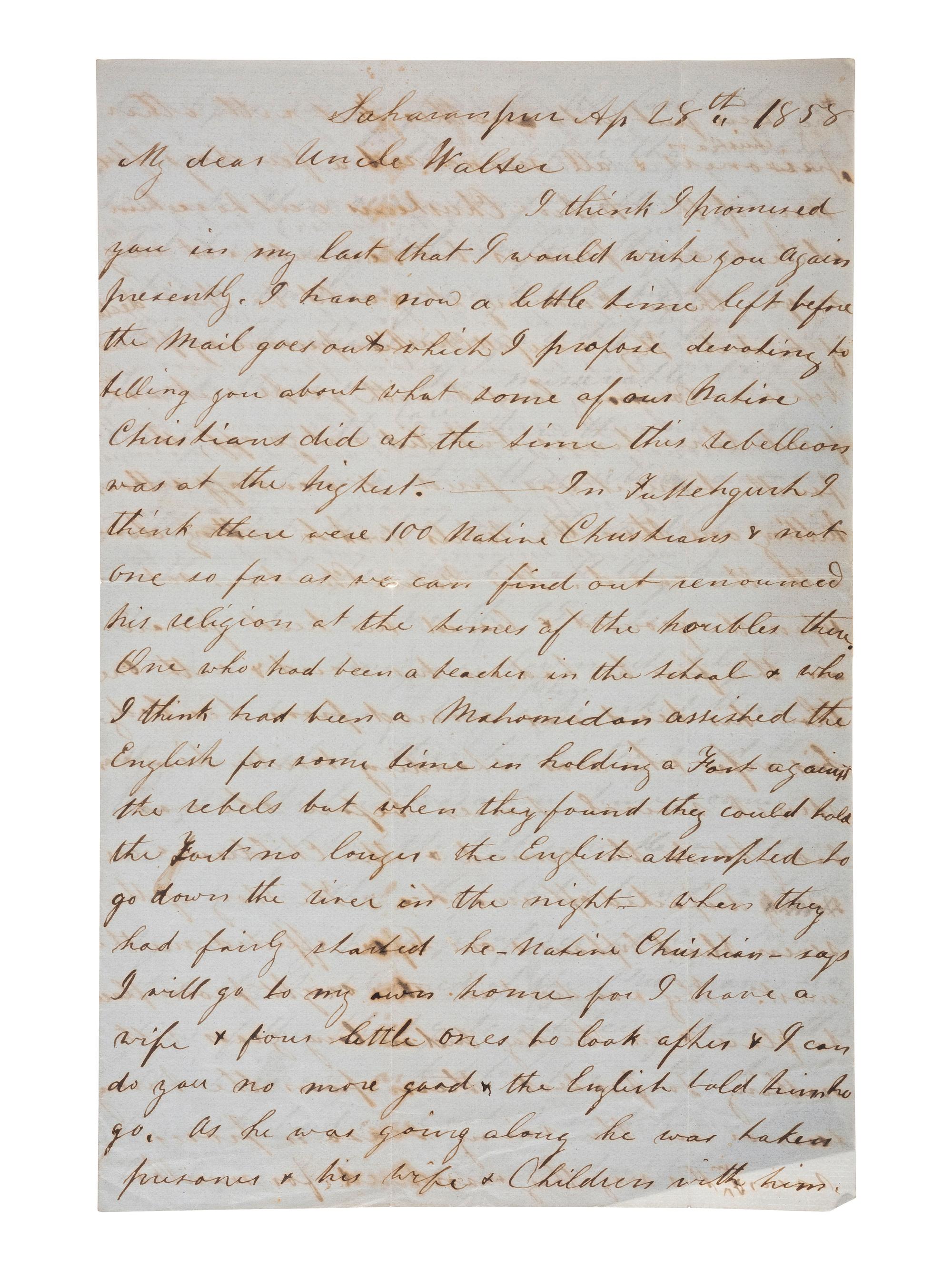 [MISSIONARIES]. A group of 3 letters written by Presbyterian missionary Rev. William Calderwood from Saharanpur, India, during the 1857 First War of Indian Independence.