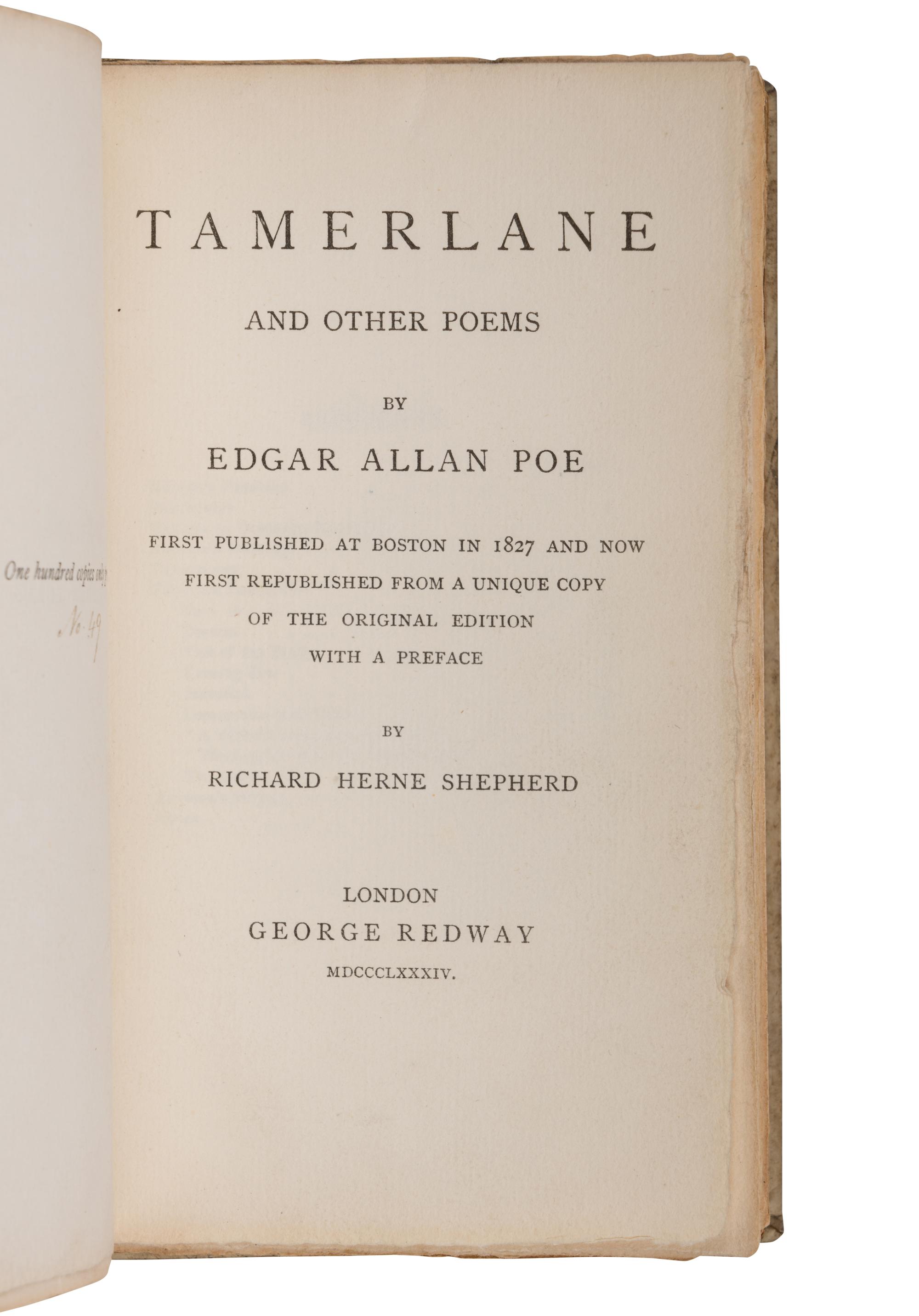 POE, Edgar Allan (1809-1849). Tamerlane and Other Poems. London: George Redway, 1884.