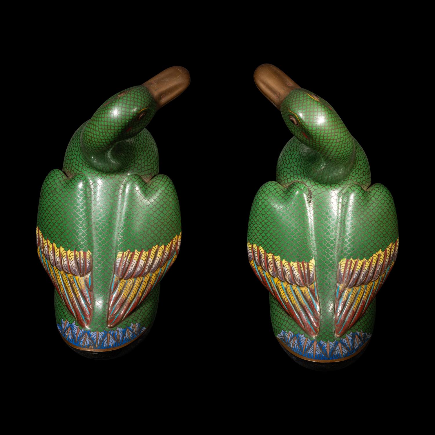 A Pair of Chinese Cloisonne Enamel Figures of Ducks