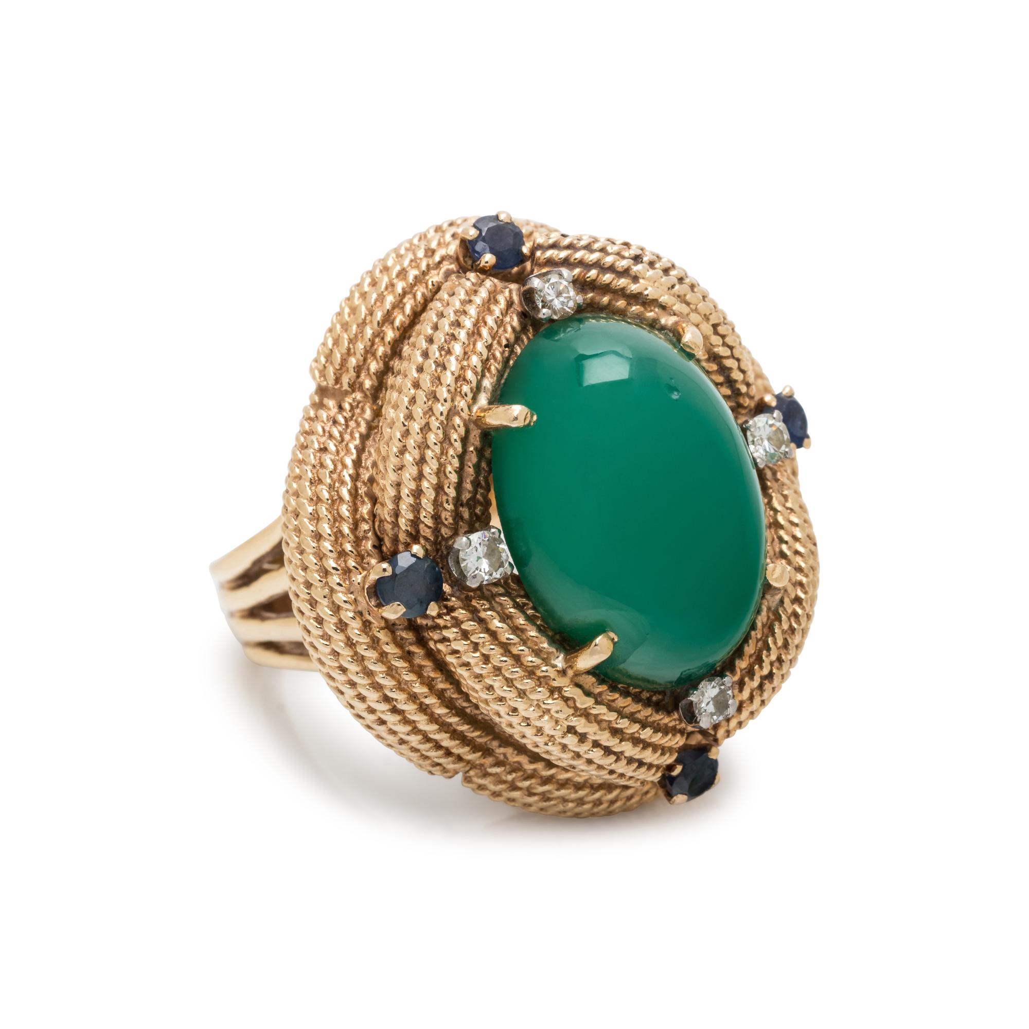 YELLOW GOLD, GREEN AGATE, SAPPHIRE AND DIAMOND RING