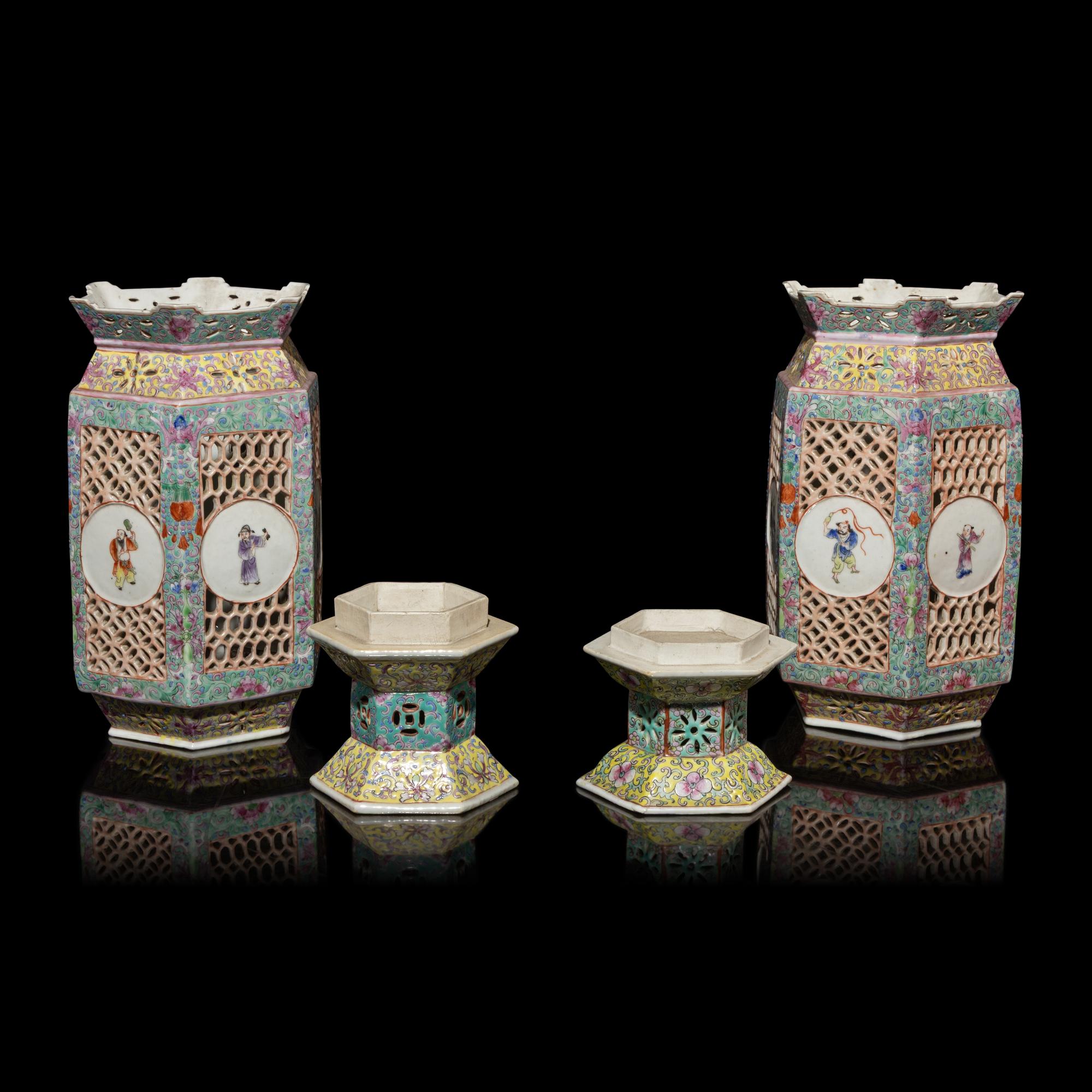A Pair of Chinese Famille Rose Porcelain Lanterns, Late 19th-Early 20th Century — 晚清-民國 粉彩六方瓷燈籠一對