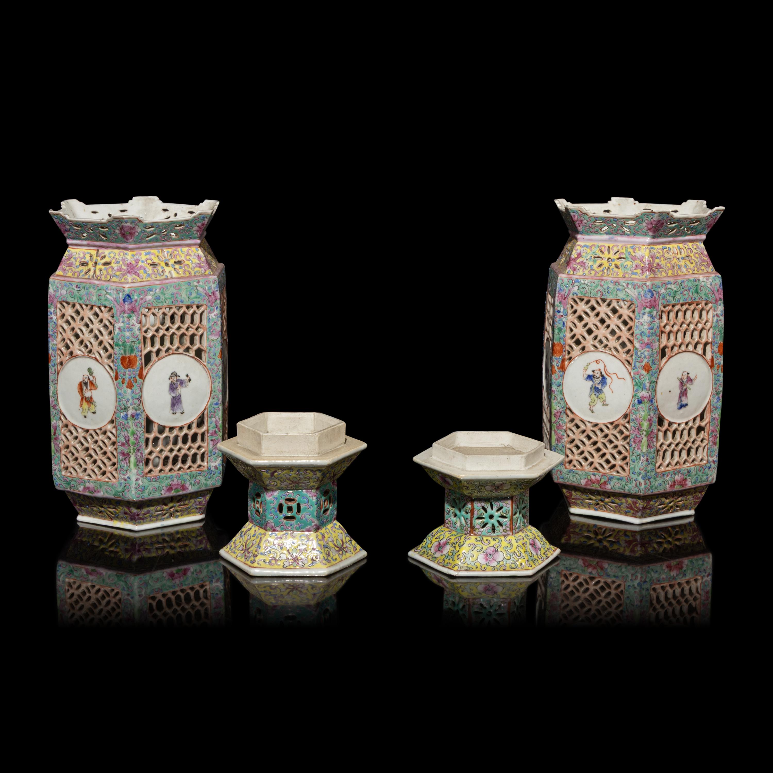 A Pair of Chinese Famille Rose Porcelain Lanterns, Late 19th-Early 20th Century — 晚清-民國 粉彩六方瓷燈籠一對