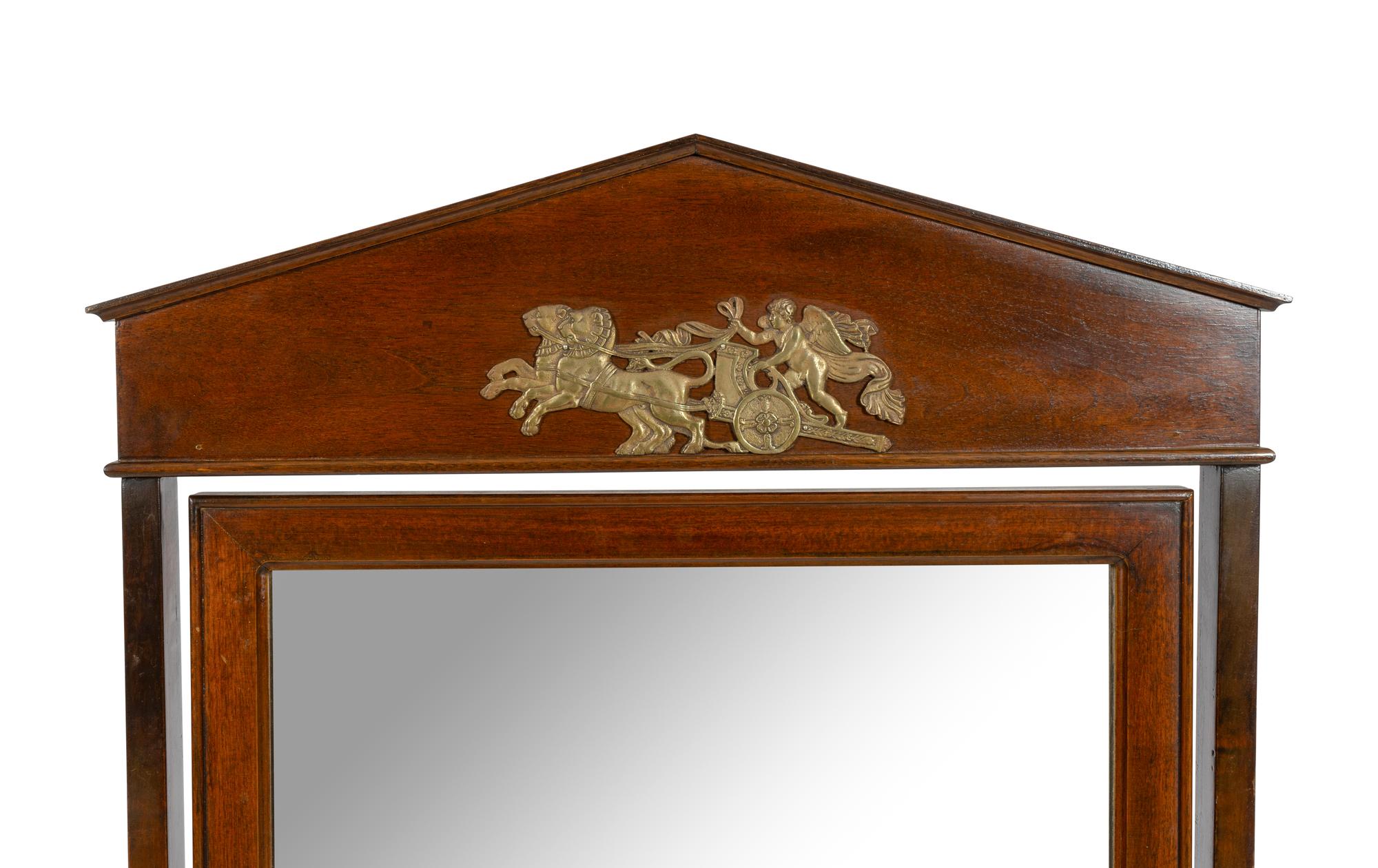 An Empire Style Gilt Metal Mounted Mahogany and Rosewood Cheval Mirror