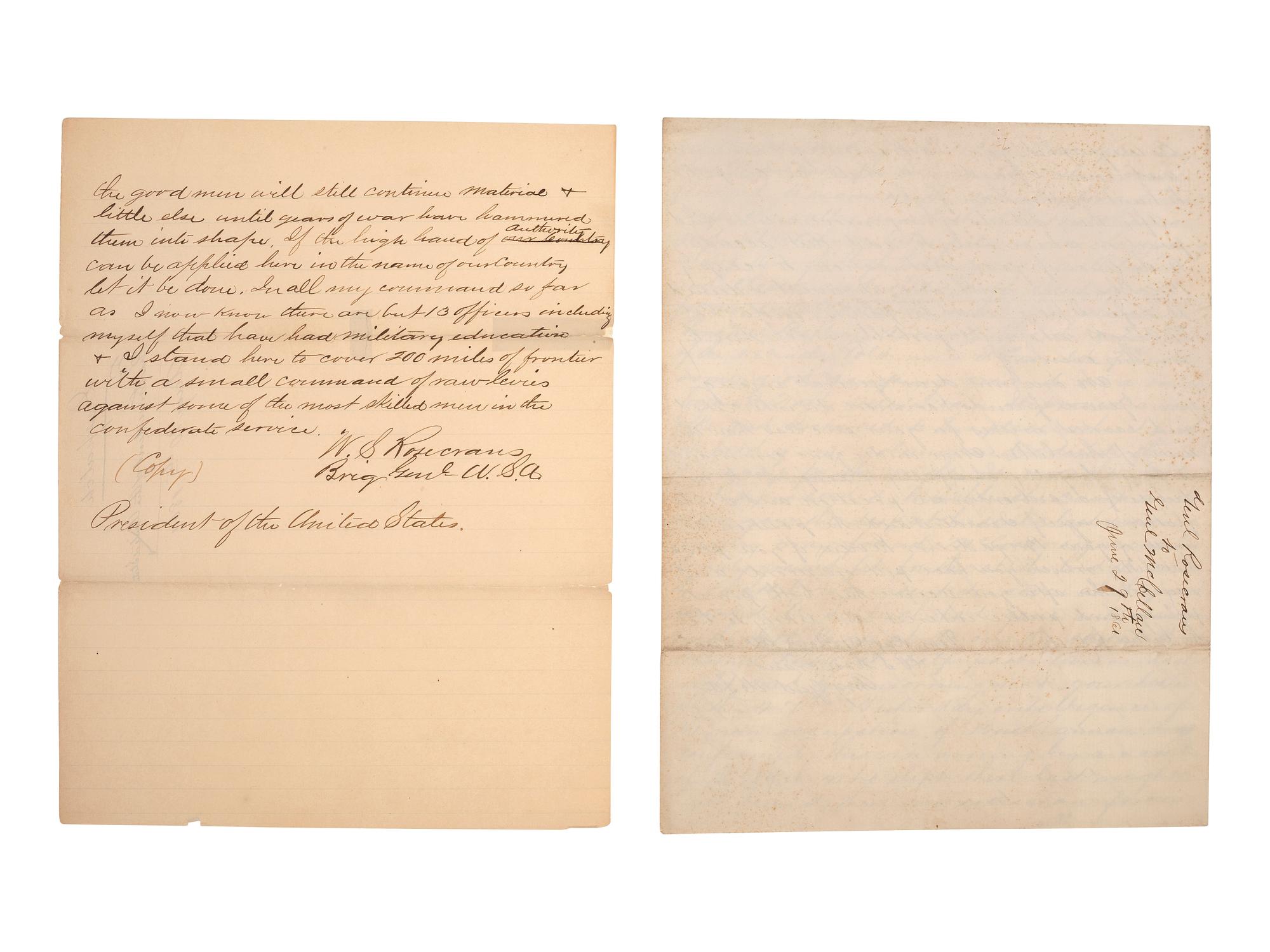 [CIVIL WAR] -- ROSECRANS, General William S. (1819-1898). Letters and documents associated with General William S. Rosecrans and the early months of the Civil War, including 3 ALsS.