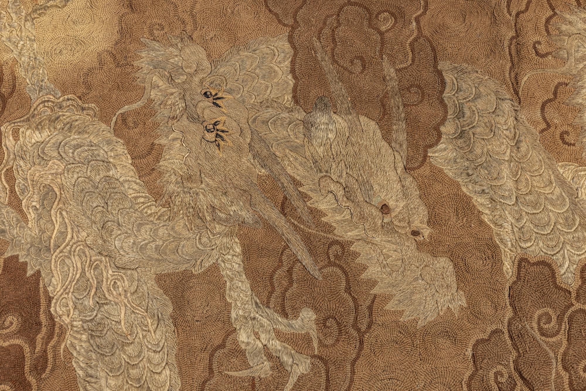 A Large Japanese Embroidered Silk 'Dragons' Panel