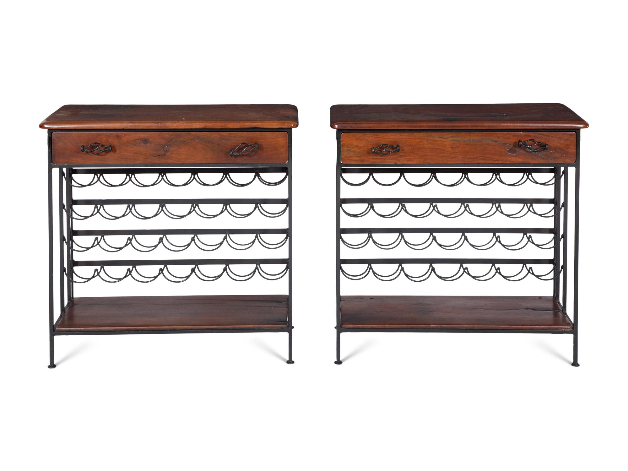 A Pair of Reclaimed Teak and Wrought Iron Wine Rack Console Tables