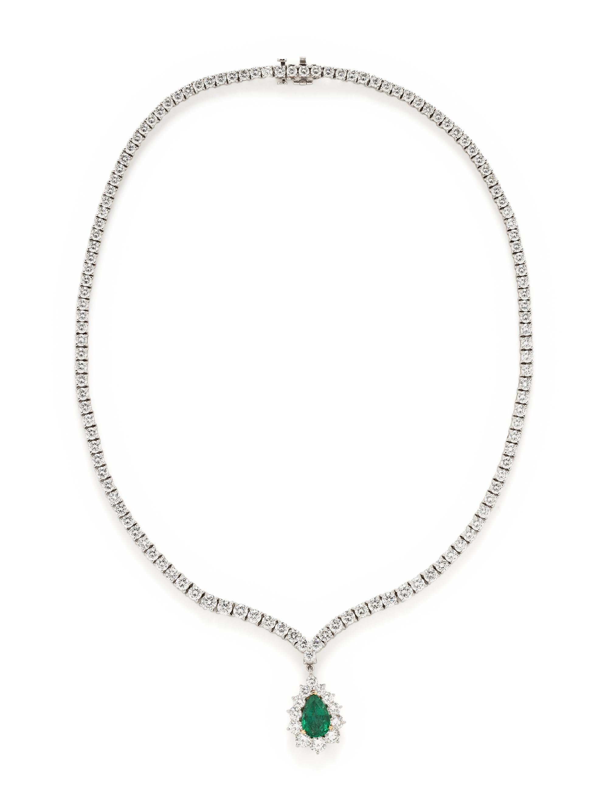 CARTIER, DIAMOND NECKLACE WITH EMERALD PENDANT