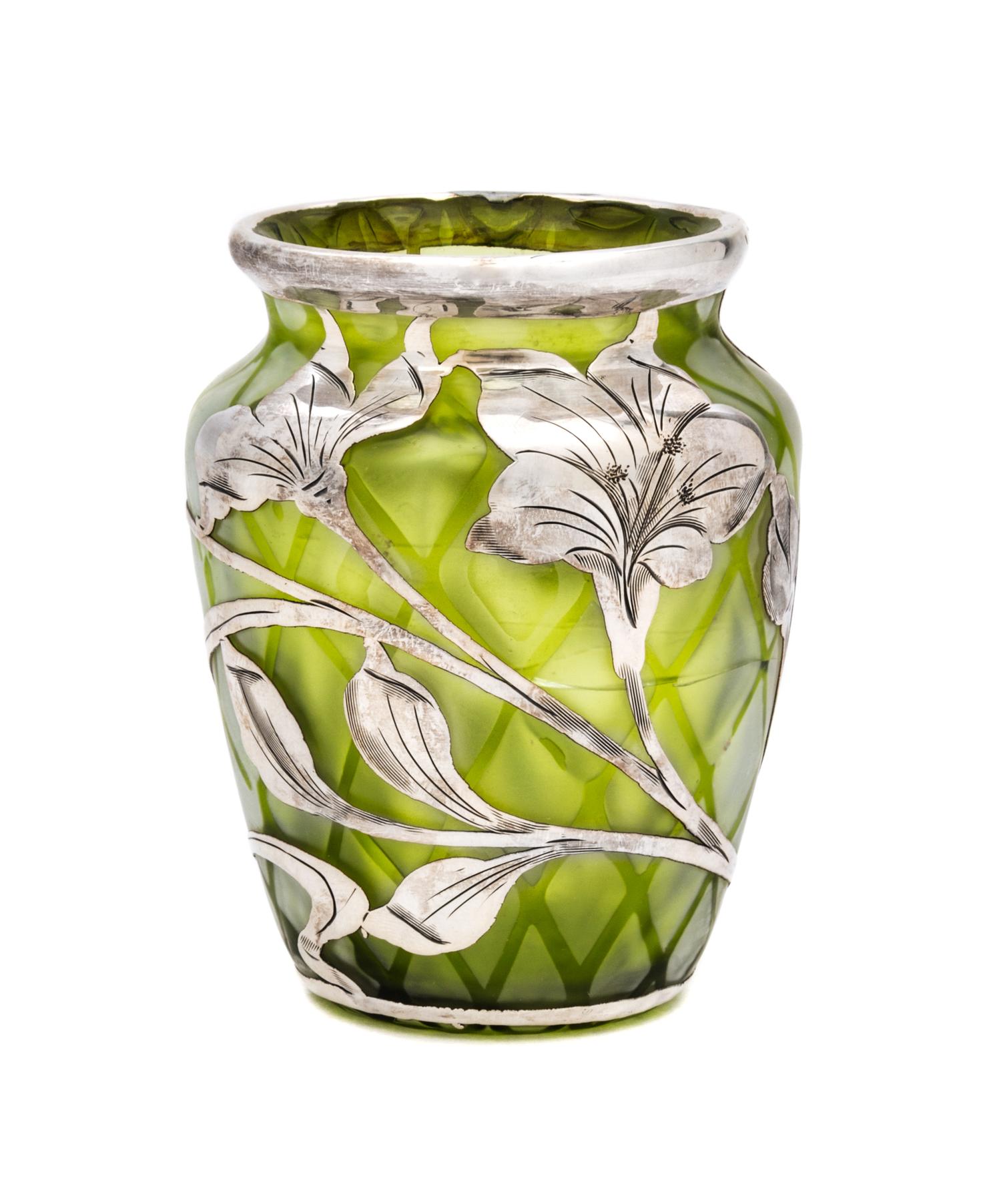 An Iridescent Glass Silver Overlay Vase, manner of Loetz Height 3 5/8 inches.