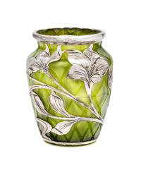 An Iridescent Glass Silver Overlay Vase, manner of Loetz Height 3 5/8 inches.