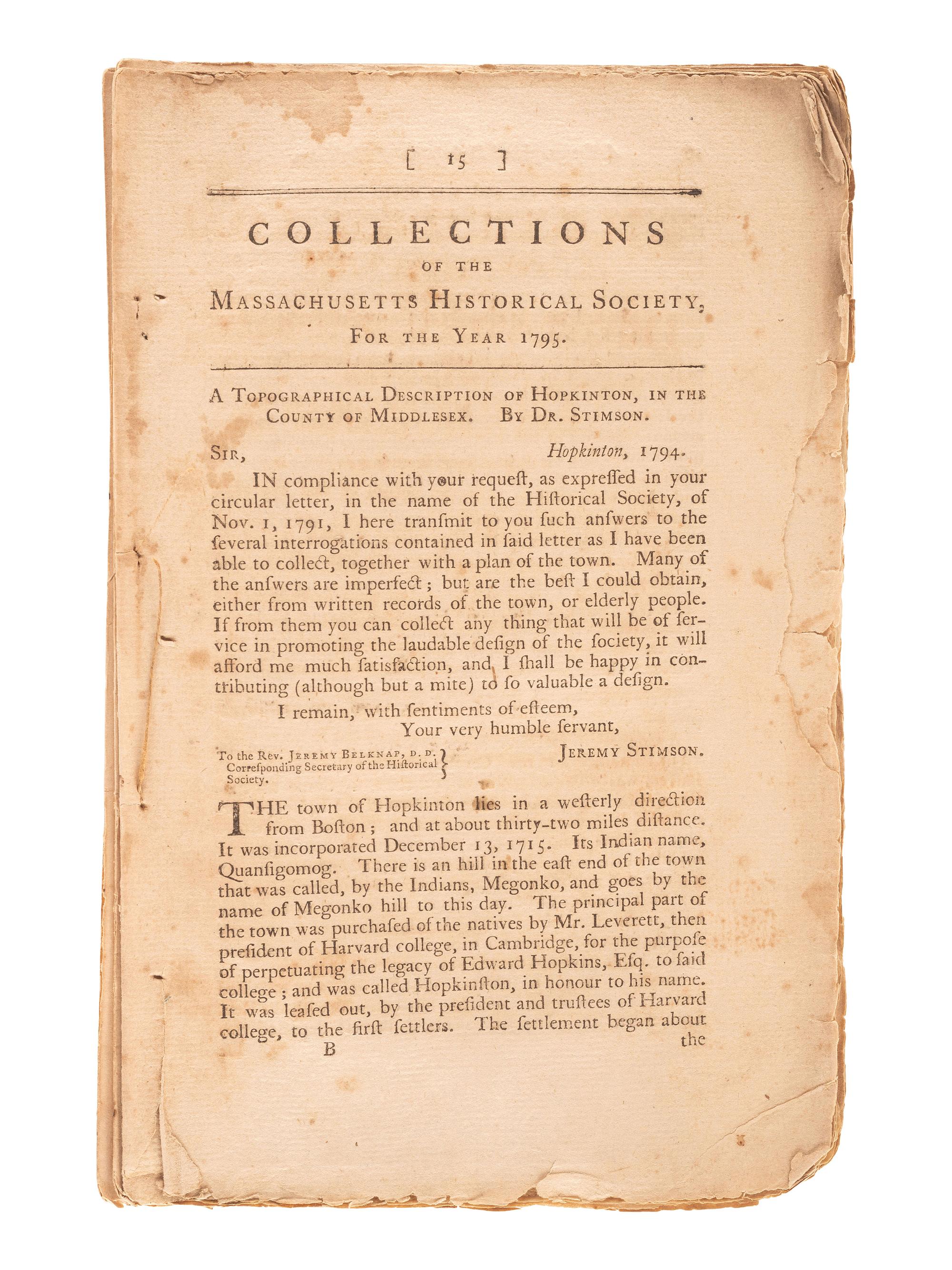 [POLITICS]. Six issues Collections of the Massachusetts Historical Society, including three inscribed by General Benjamin Lincoln (1733-1810) .