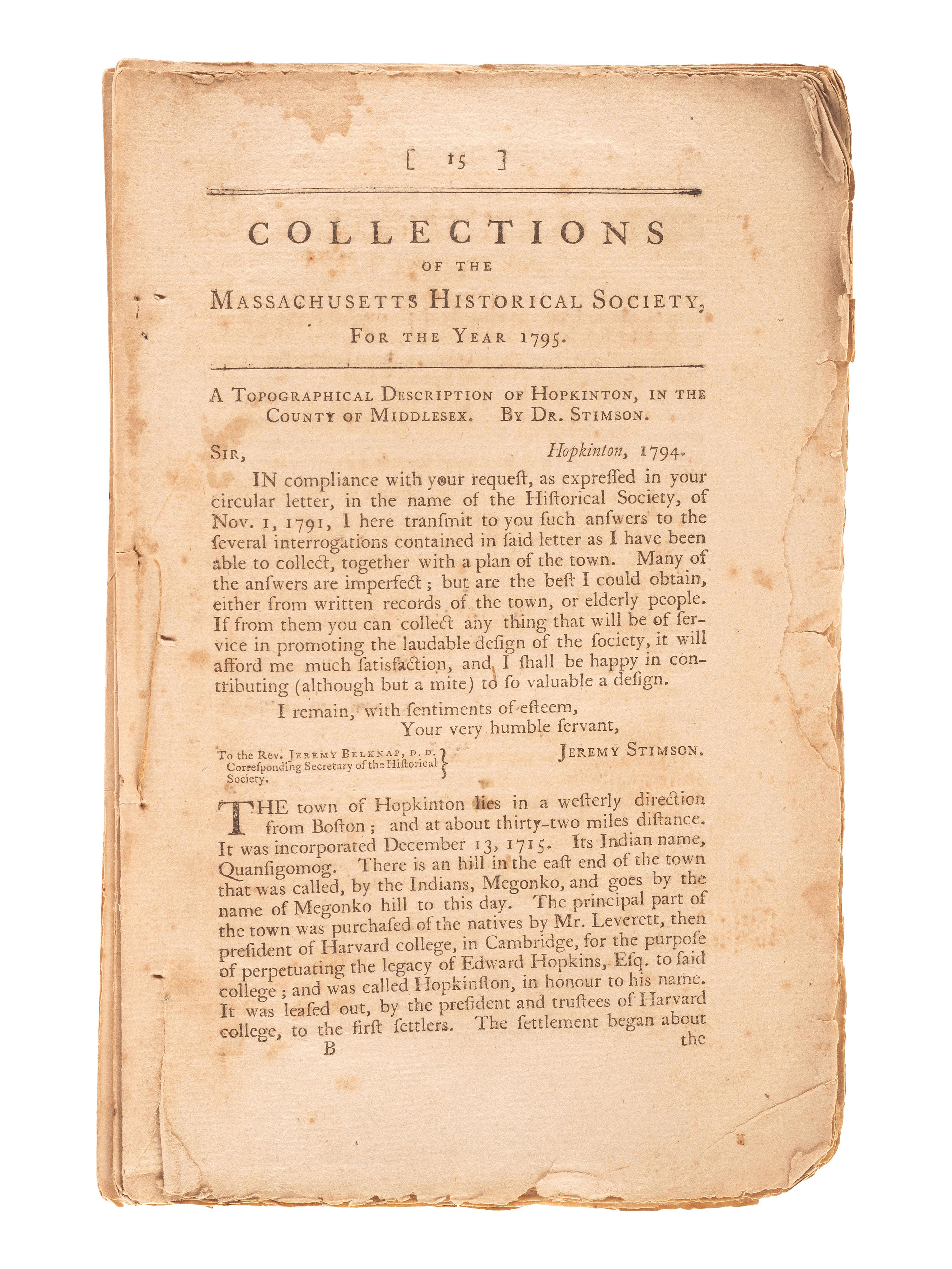 [POLITICS]. Six issues Collections of the Massachusetts Historical Society, including three inscribed by General Benjamin Lincoln (1733-1810) .