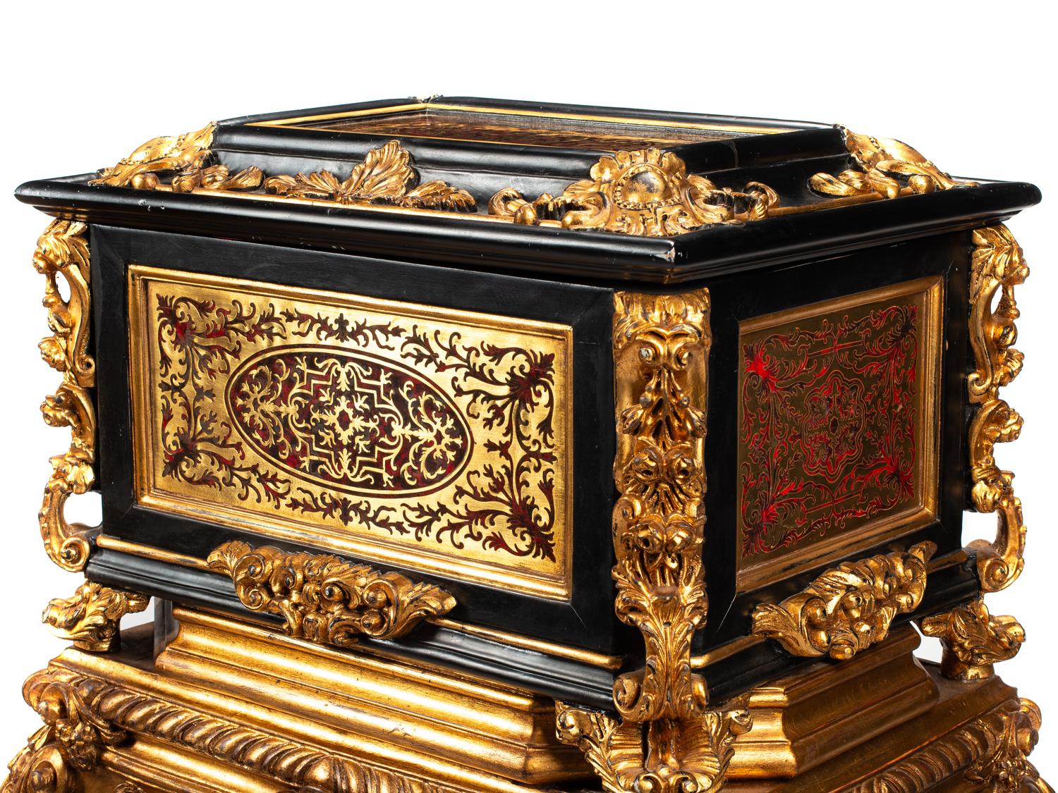 A Pair of Louis XIV Style Boulle Marquetry Caskets and Giltwood Stands