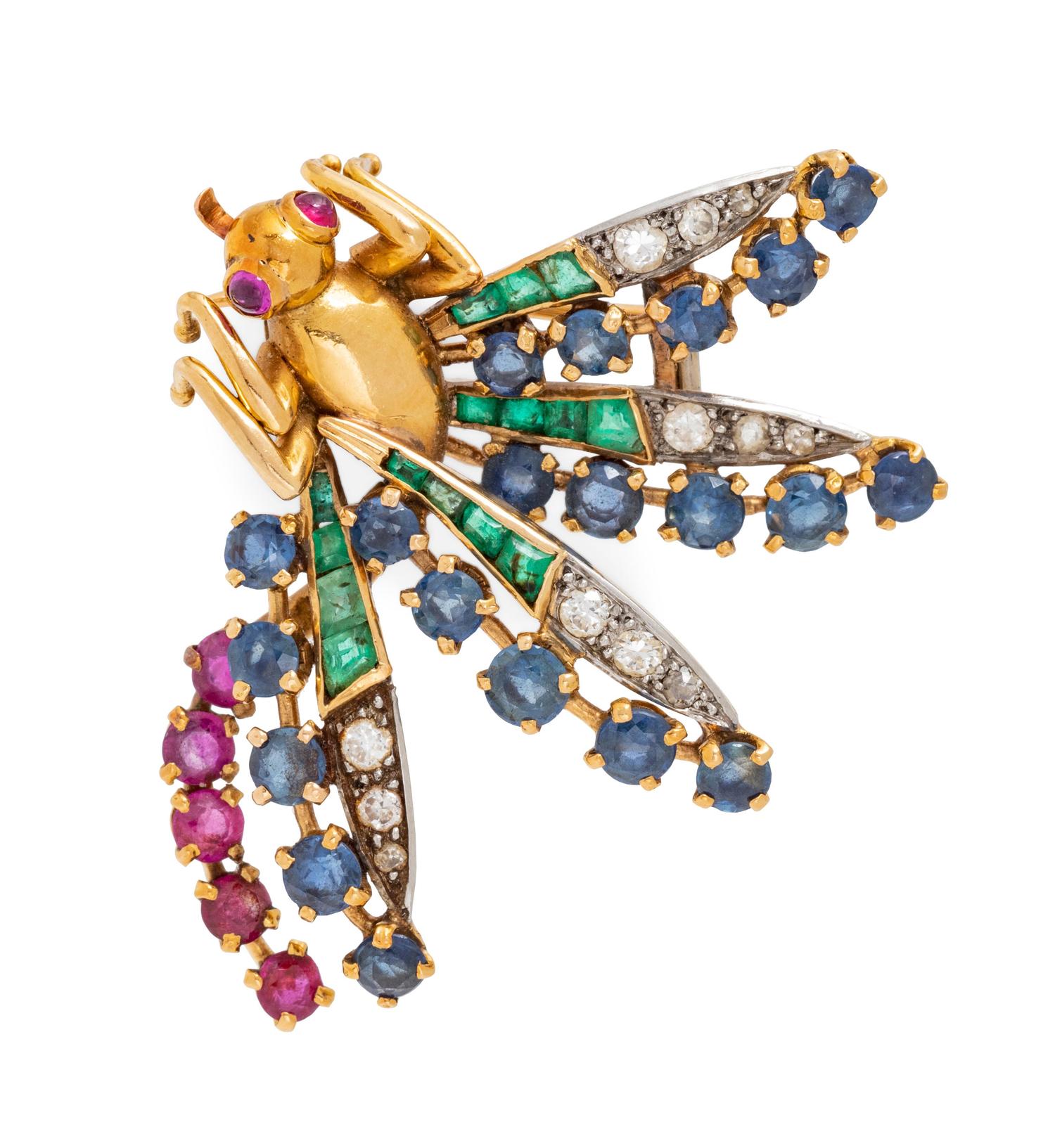 YELLOW GOLD, DIAMOND AND MULTIGEM DRAGONFLY BROOCH