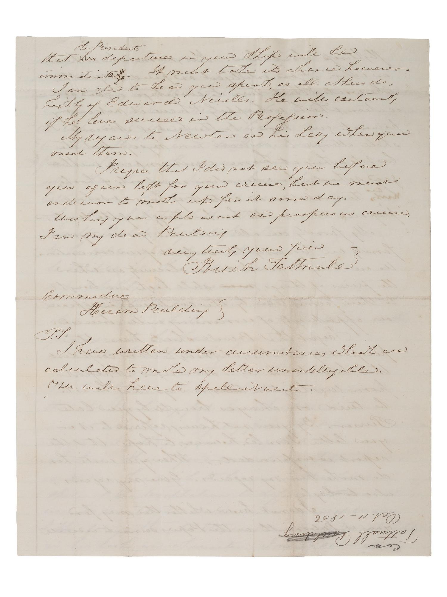 [US NAVY]. TATTNALL, Commodore Josiah (1795-1871). Correspondence from Josiah Tattnall III to his longtime friend Commodore Hiram Paulding, 1830s-1850s. [ With: ] Paulding's manuscript account of their friendship.