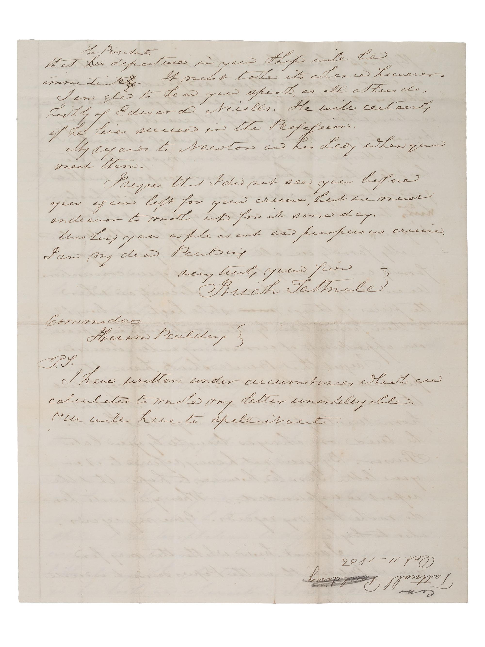 [US NAVY]. TATTNALL, Commodore Josiah (1795-1871). Correspondence from Josiah Tattnall III to his longtime friend Commodore Hiram Paulding, 1830s-1850s. [ With: ] Paulding's manuscript account of their friendship.