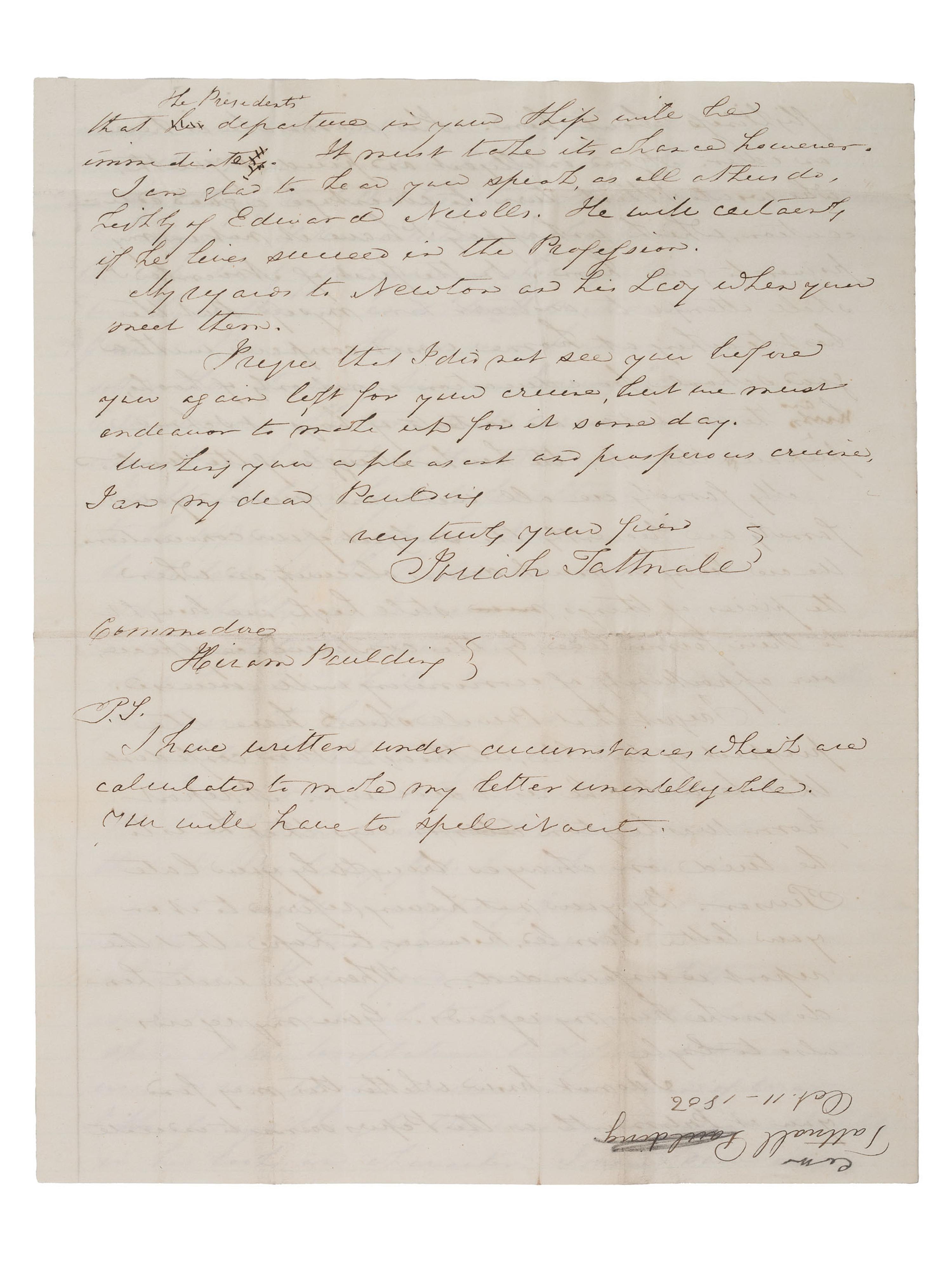 [US NAVY]. TATTNALL, Commodore Josiah (1795-1871). Correspondence from Josiah Tattnall III to his longtime friend Commodore Hiram Paulding, 1830s-1850s. [ With: ] Paulding's manuscript account of their friendship.