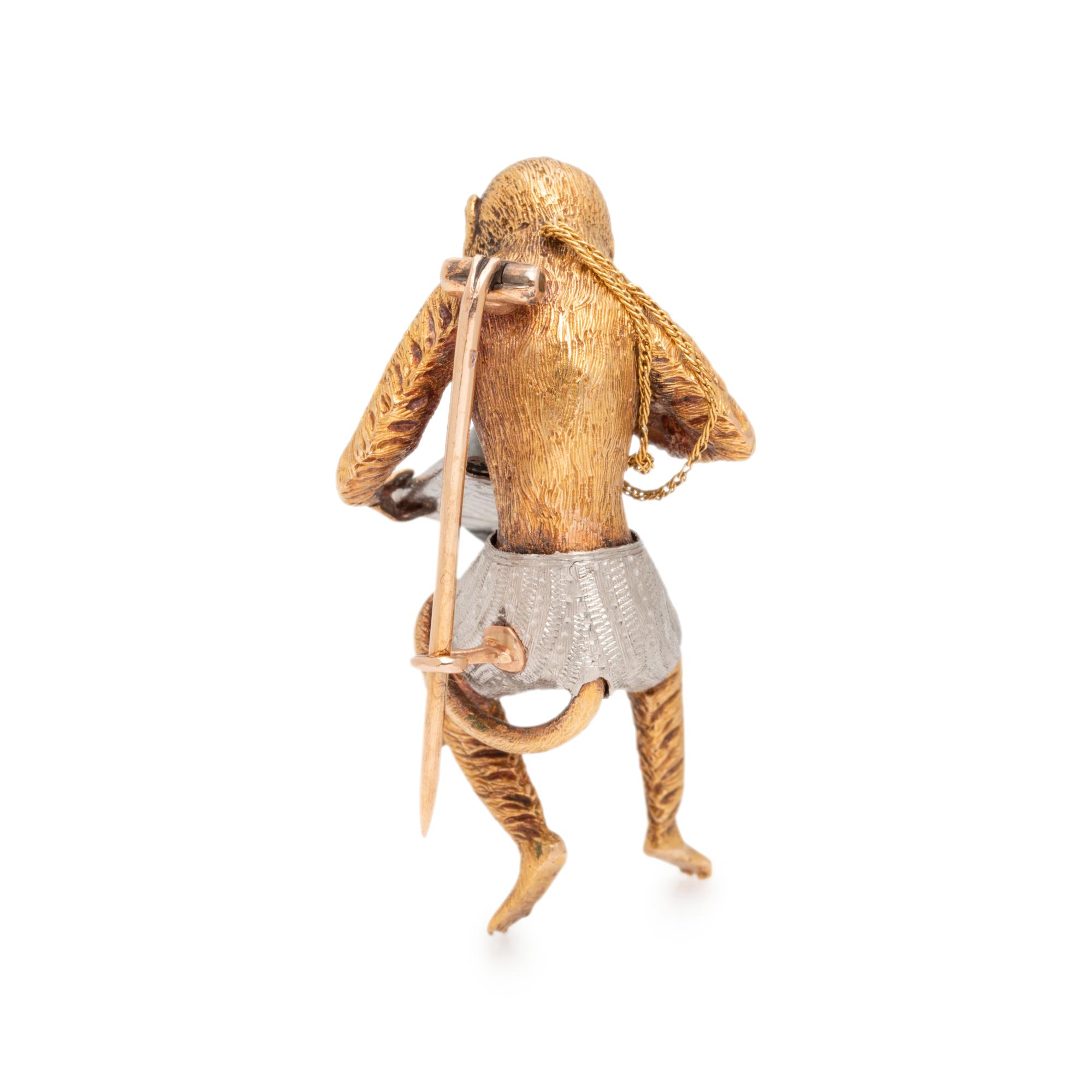 FRENCH, ANTIQUE, YELLOW GOLD AND PLATINUM MONKEY BROOCH